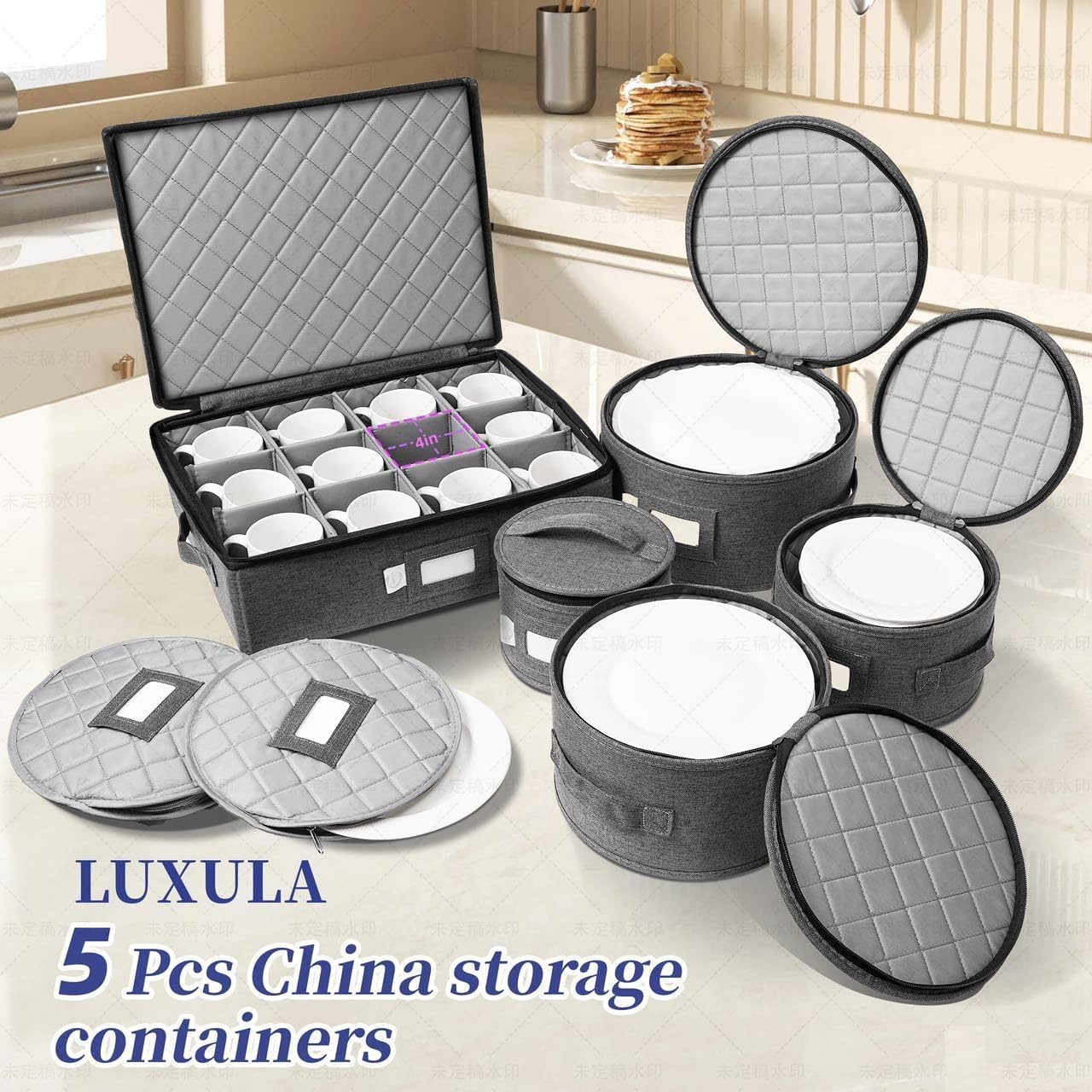 LUXULA China Storage Containers for 12 Place Setting with Two Plate Bags, 5 Pcs
