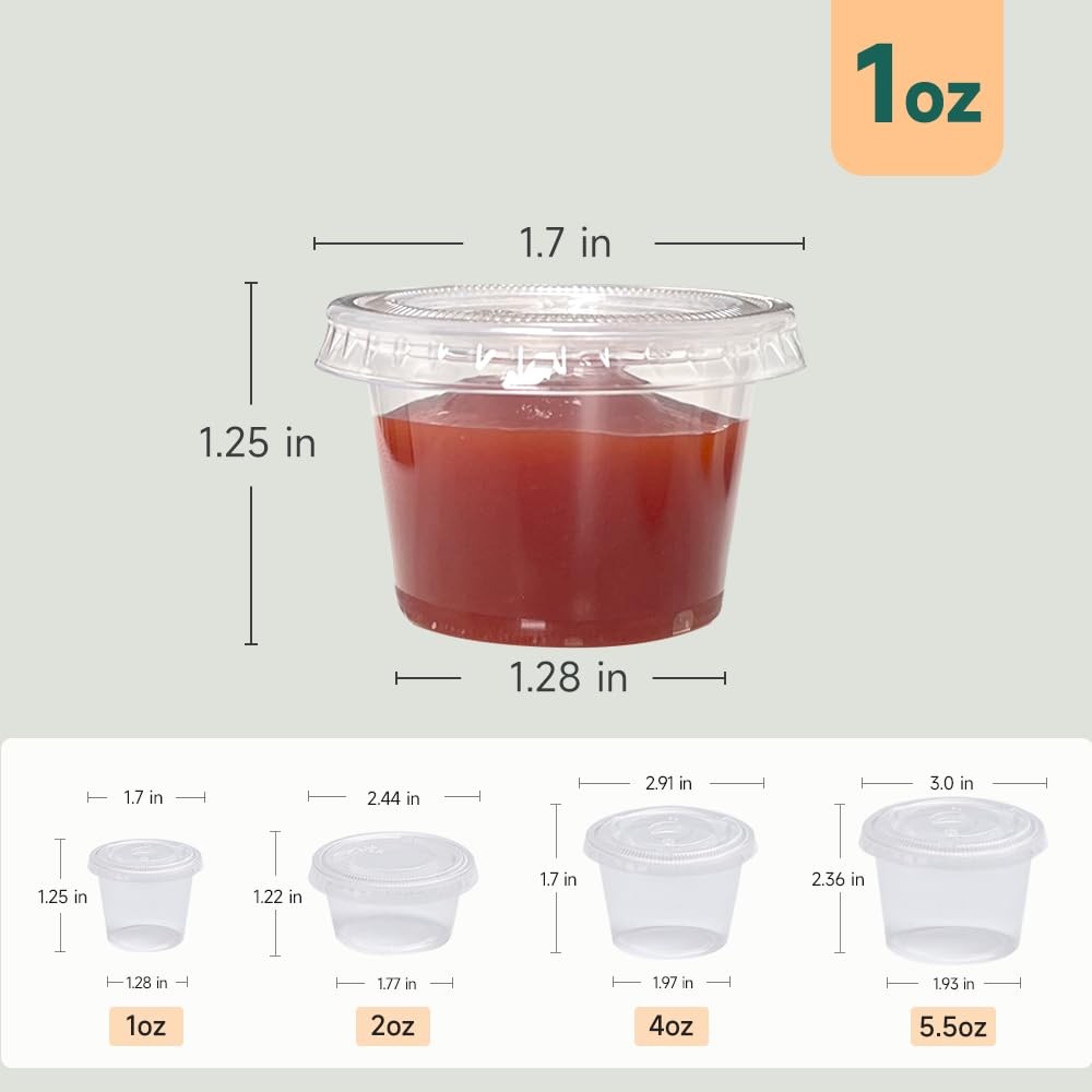 120 Sets – Small Plastic 1oz Condiment Cups with Lids, Portion for Clear