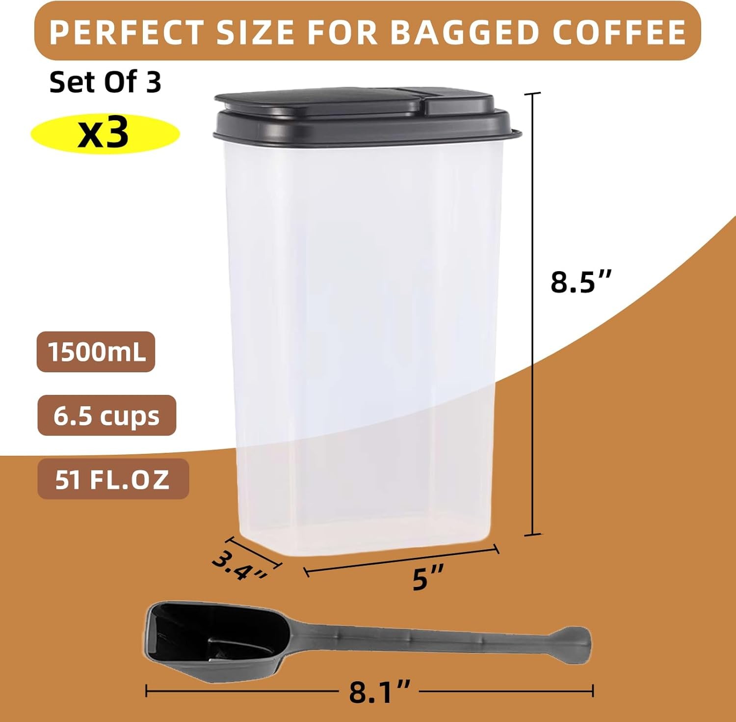 3-Pack 1500ml (51 oz) Airtight Food Storage Containers with Scoop