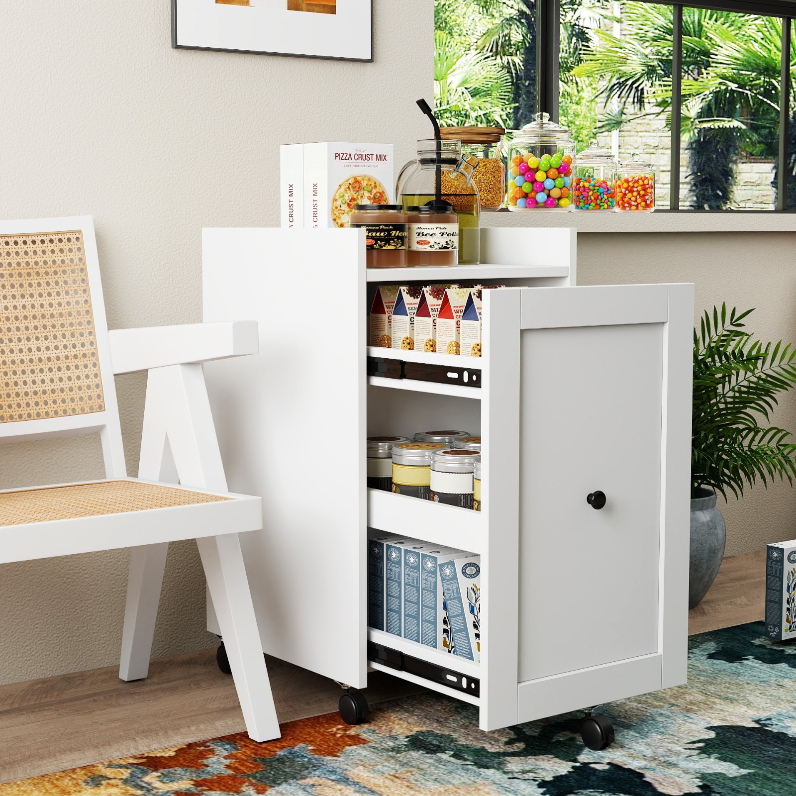 Multi-Layer Soda Can Organizer for Pantry, Mobile Snack Storage Rack with Wheels