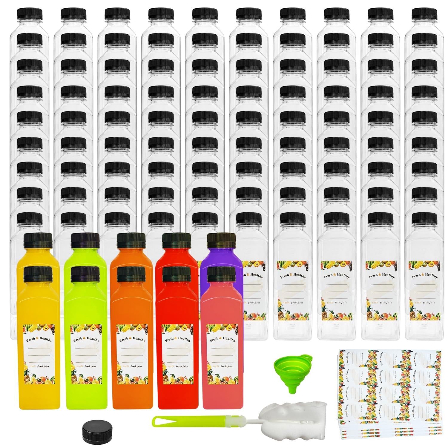 100pcs 16 oz Plastic bottles with lids,Juice bottles with caps, Reusable Clea…