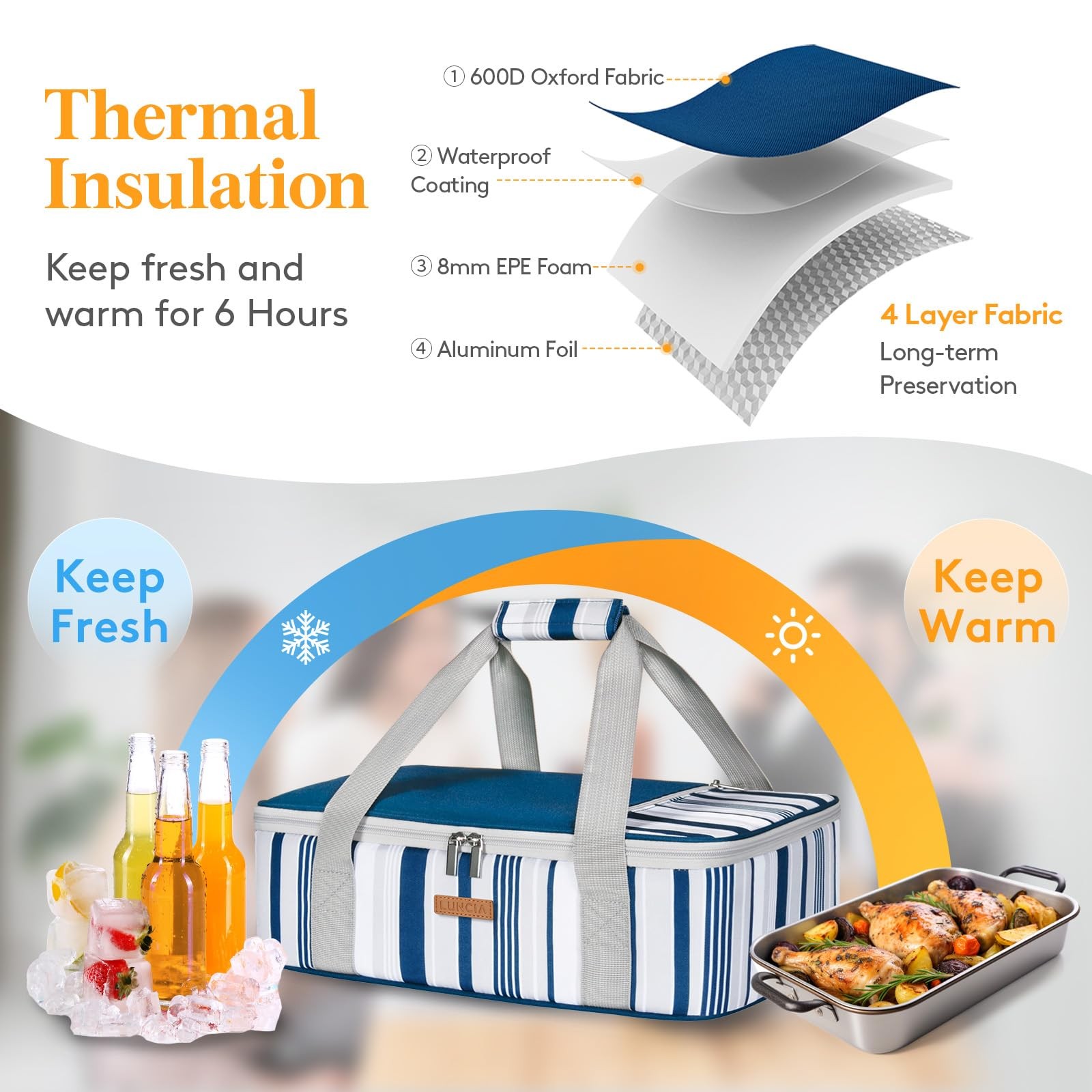 LUNCIA Insulated Casserole Carrier, Hot/Cold Food, 9″x13″ Pan, Potluck Picnic, B