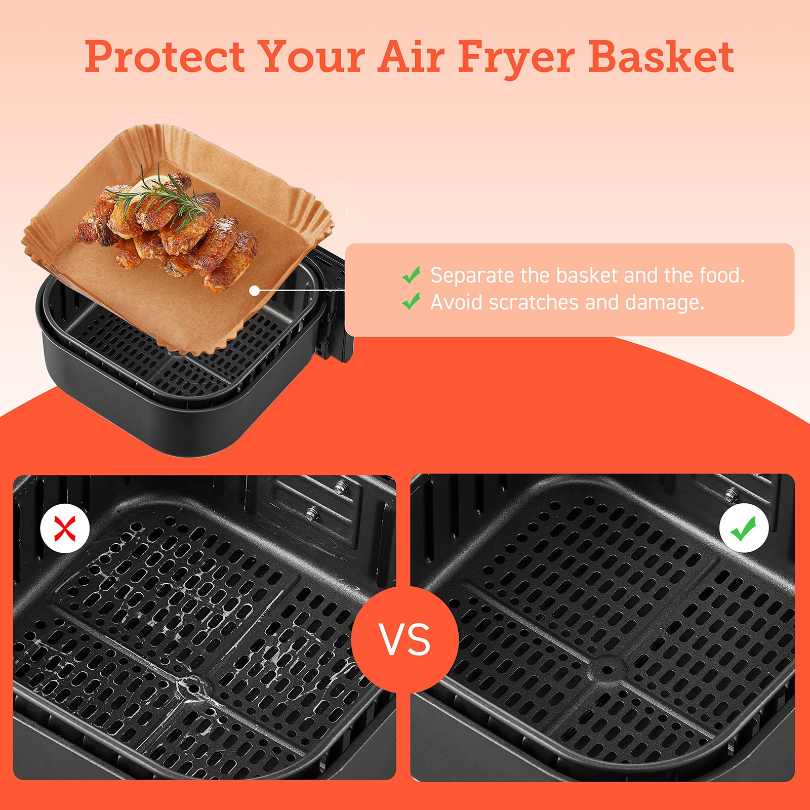 COSORI Air Fryer Liners, 100 PCS Square Disposable Paper 5QT or Above, Wood