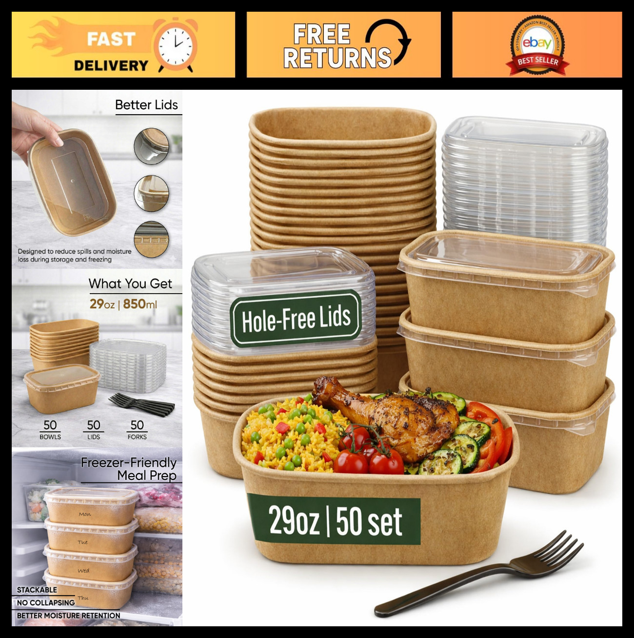 50 Pack 29Oz Disposable Meal Prep Containers – Microwave & Freezer Safe Bowls wi