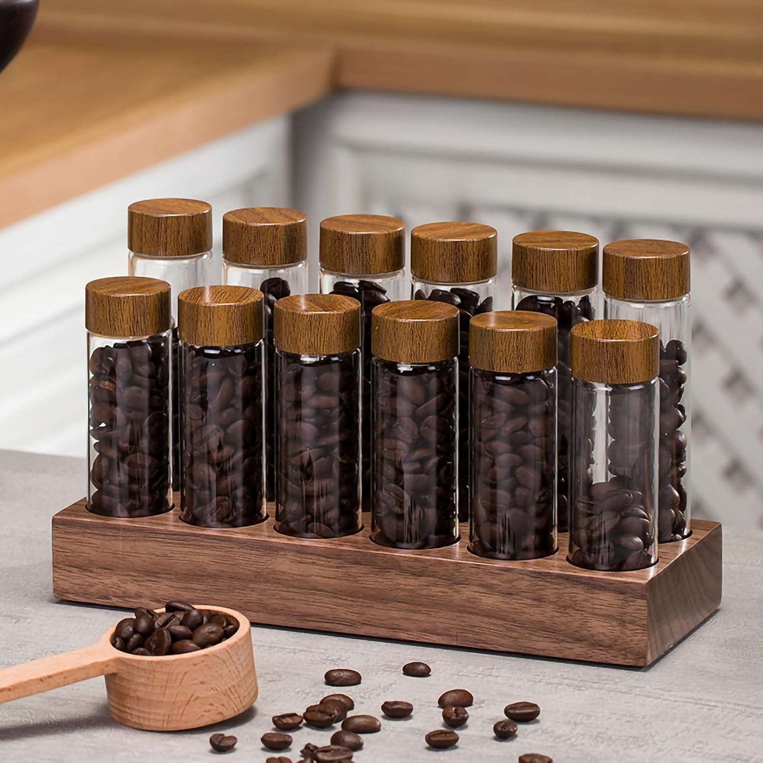 Coffee Bean Storage,Coffee Storage Container with Walnut Solid Wood Base,Coffee