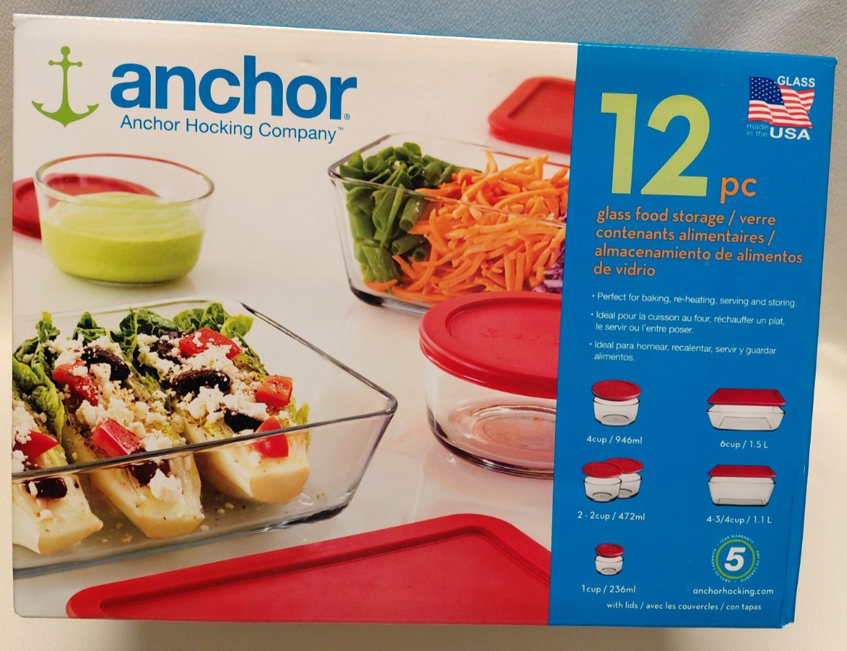 Anchor Hocking 12 pc Glass Food Storage Container Set Red Snug Fit Lids