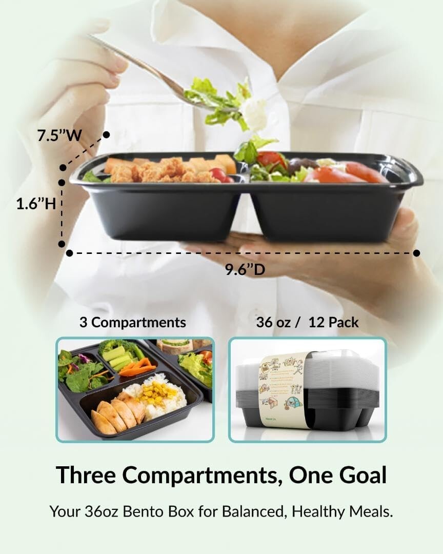 Durable 12 Pack 3-Compartment Meal Prep Containers – Microwave & Dishwasher Safe