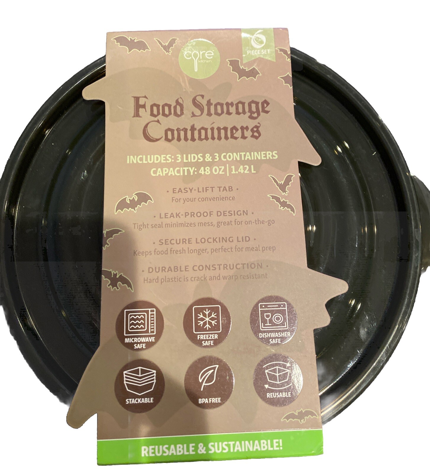 Core Kitchen Round Storage Containers 6pc Halloween Bats New