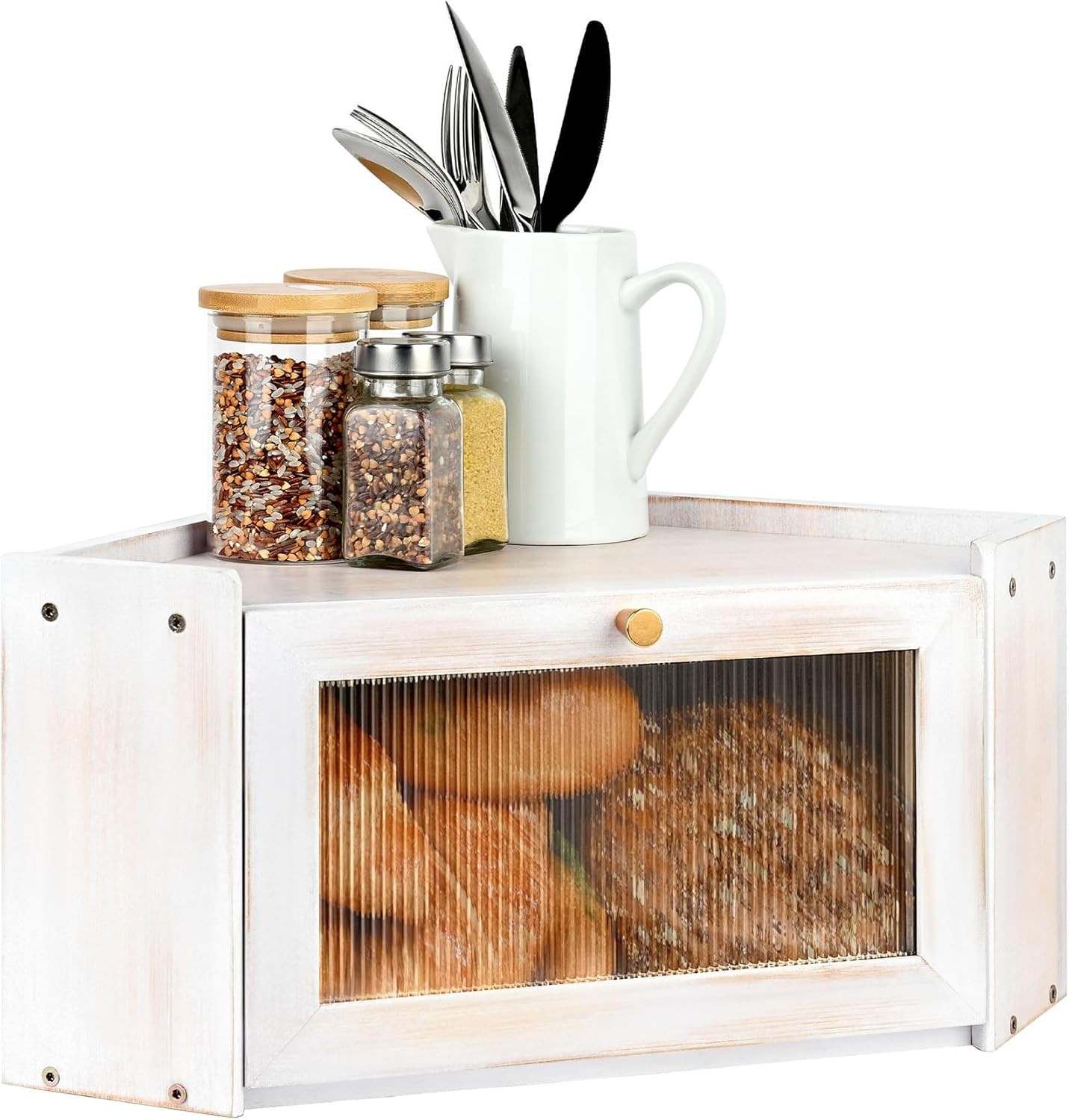Vintage Coner Bread Box for Kitchen Countertop, Bamboo Bread Storage Container,