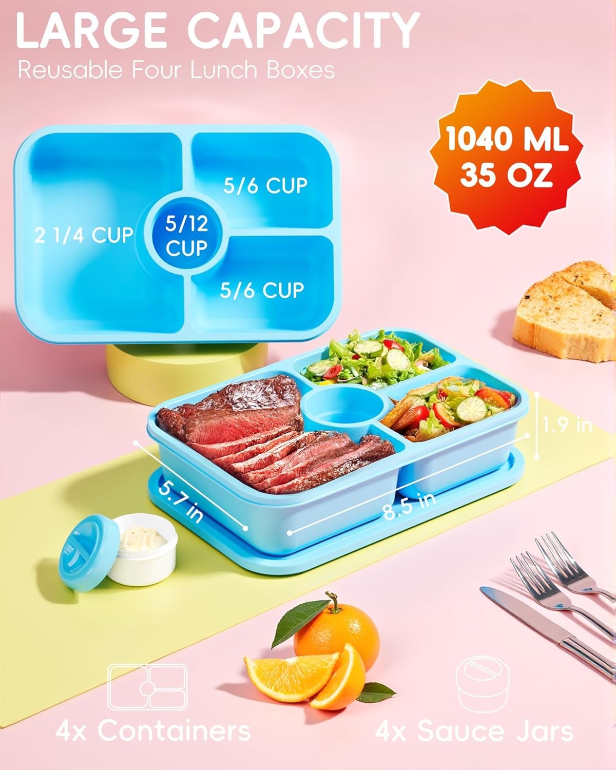 4 Pcs Bento Snack Box Containers 4 Compartment Divided Stackable Food Storage