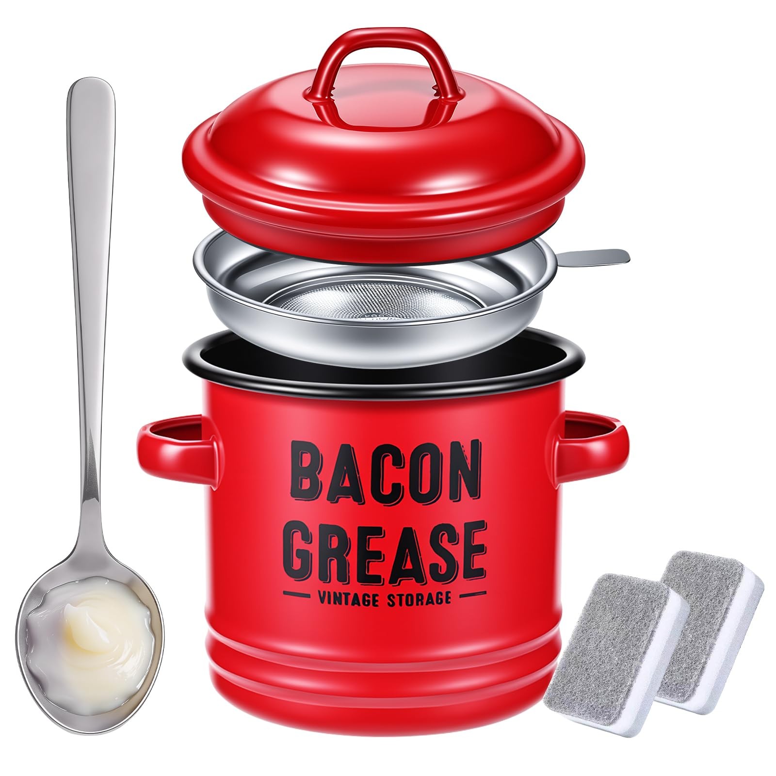 46OZ Bacon Grease Container with Strainer and Lid, Red Large Kitchen Oil Stor…