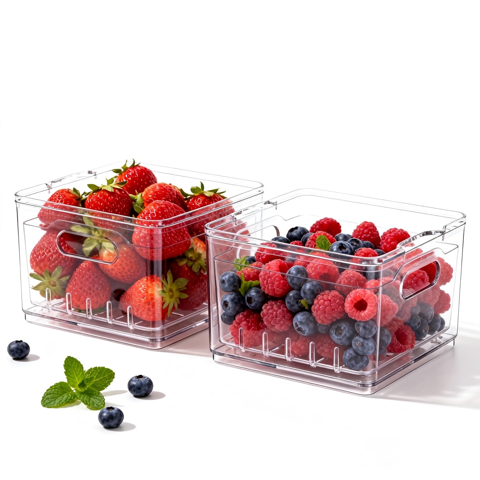 2 Pack Fruit Storage Containers for Fridge with Lid & Drain Basket