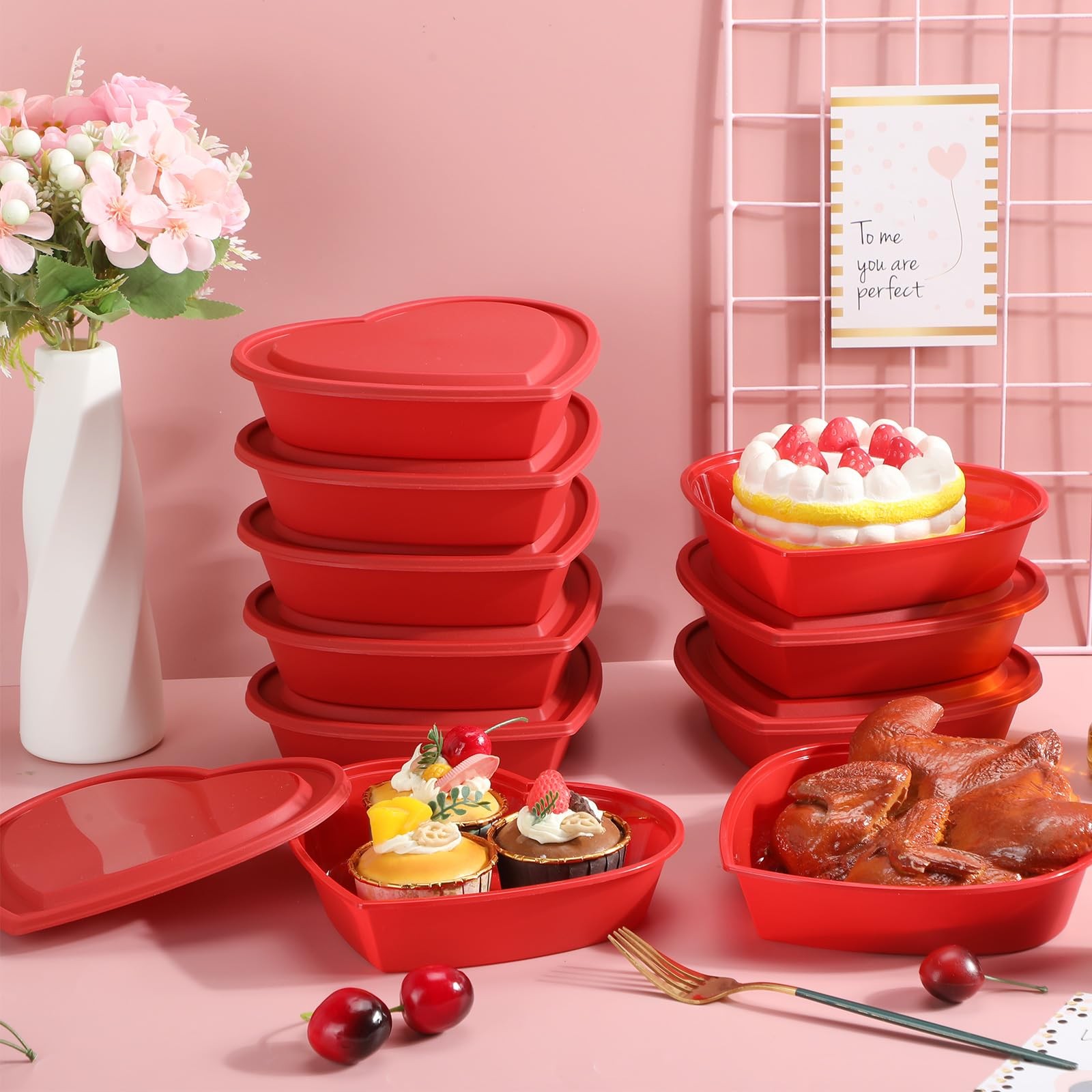 50 Pcs 22 oz Heart Shaped Food Storage Containers with Lids Valentine Heart S…
