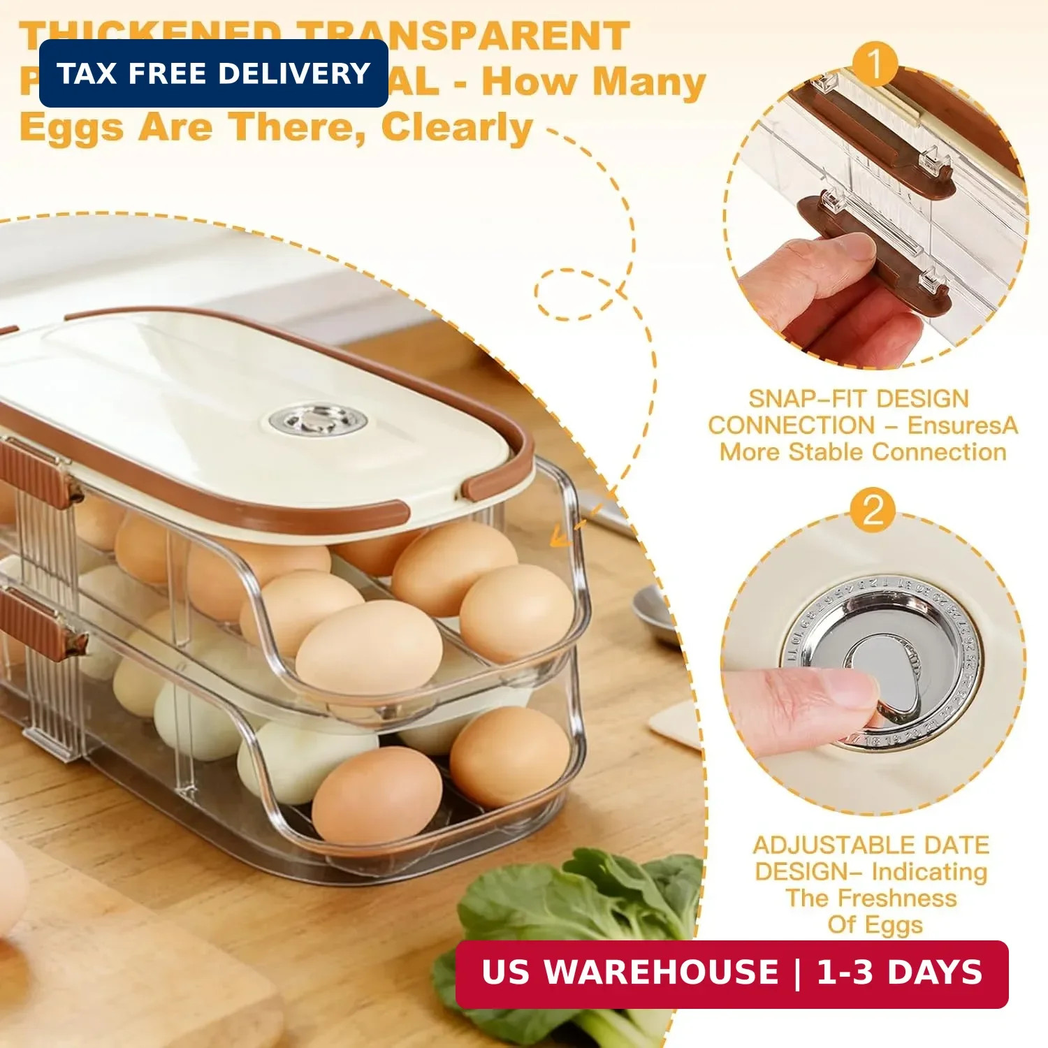 Egg Holder For Fridge, Clear Egg Organizer For Refrigerator With Lid And Handle,