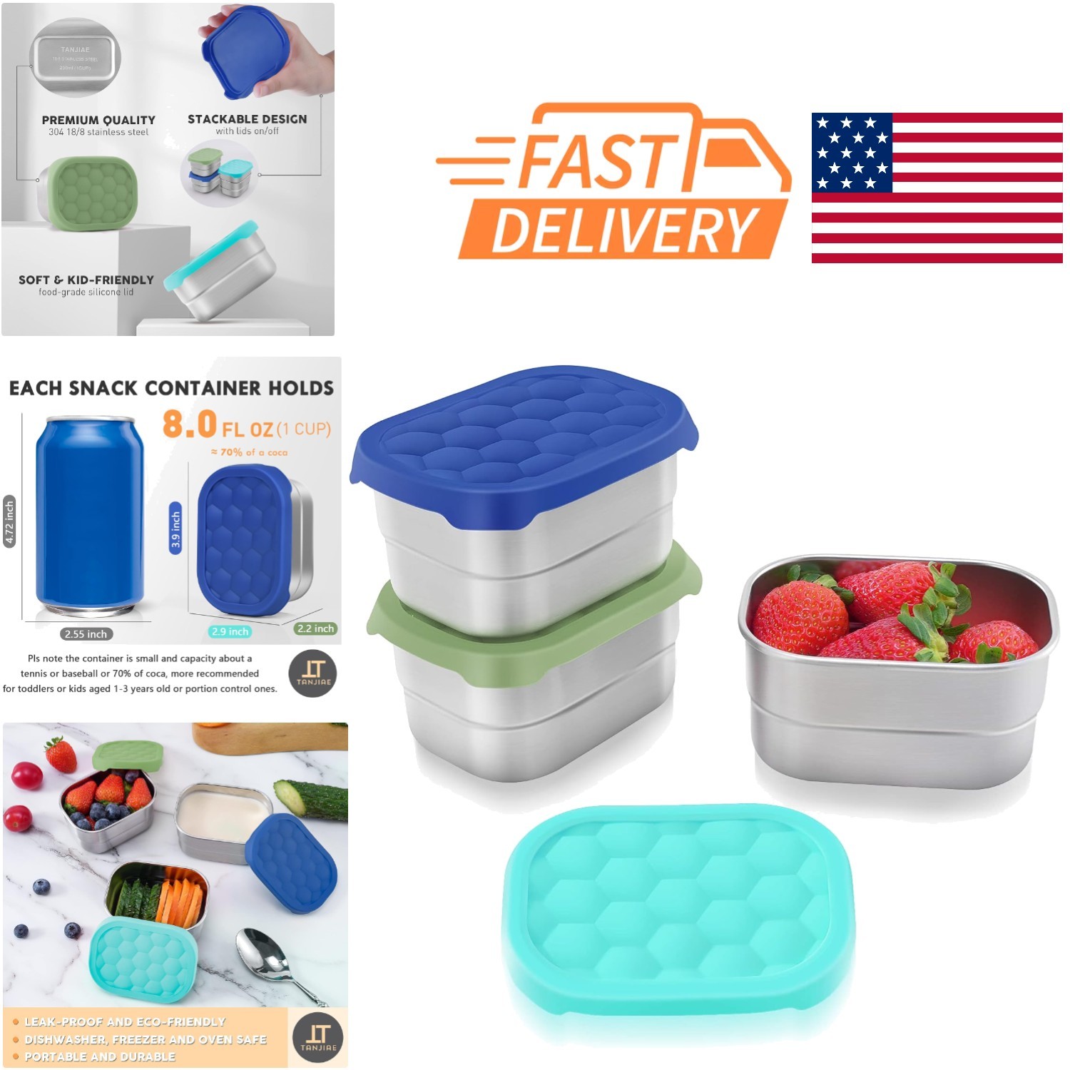 Cute Blue Snack Boxes for Kids 1 Cup Stainless Steel with Leak Proof Lids