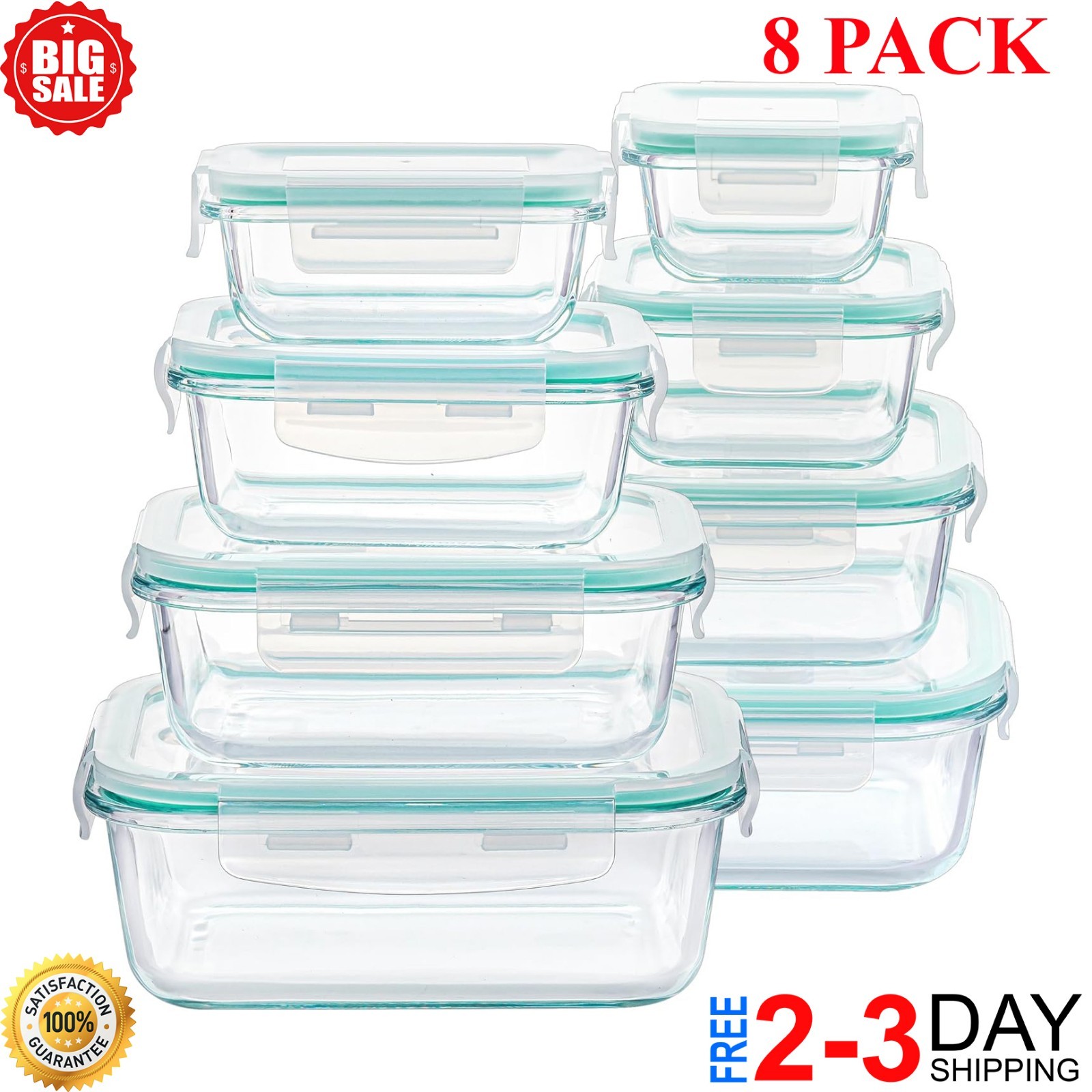 8 Pack Glass Food Storage Containers with Airtight Lids, Glass Meal Prep Contain