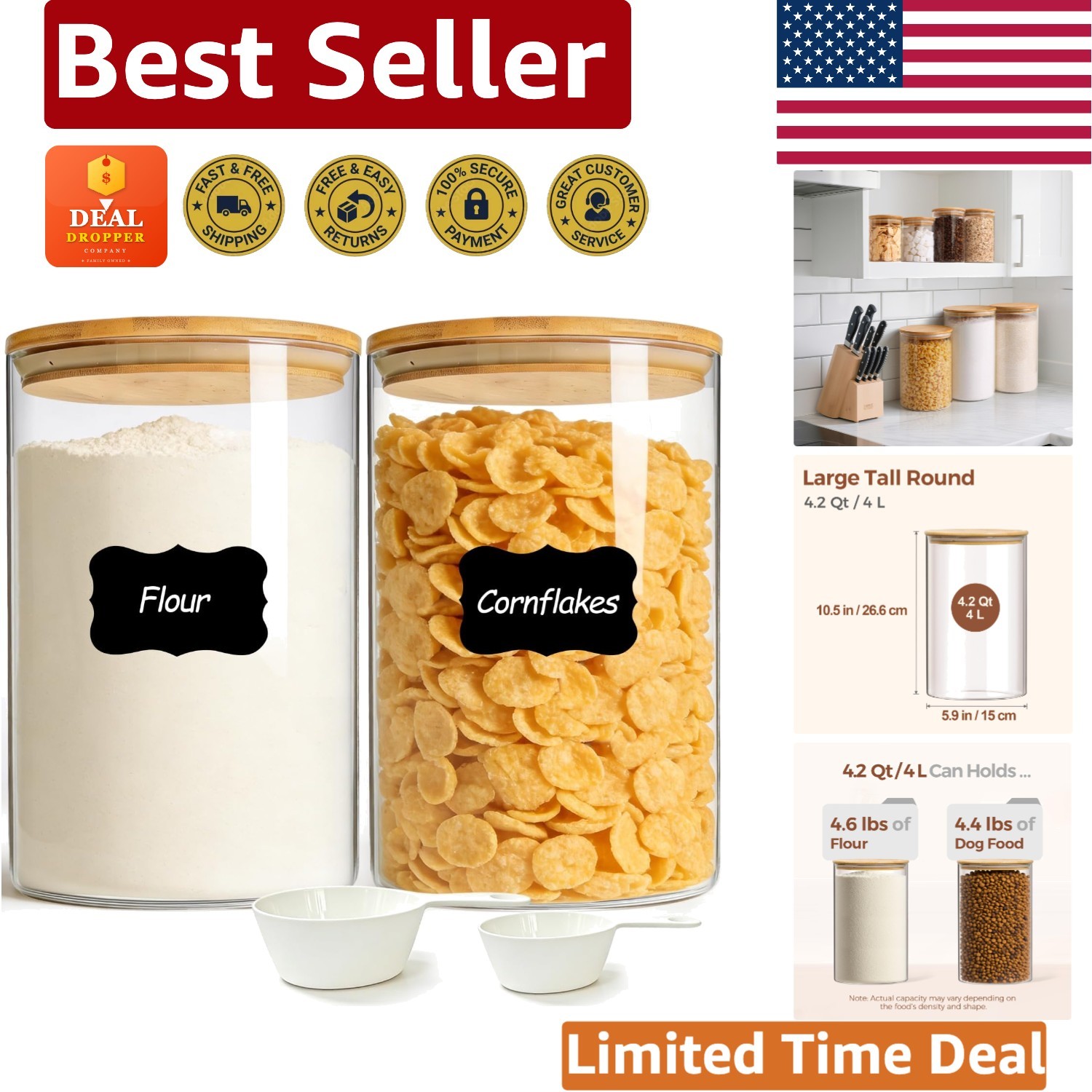 2 Large Borosilicate Glass Storage Containers – 4Qt Airtight Kitchen Organizers
