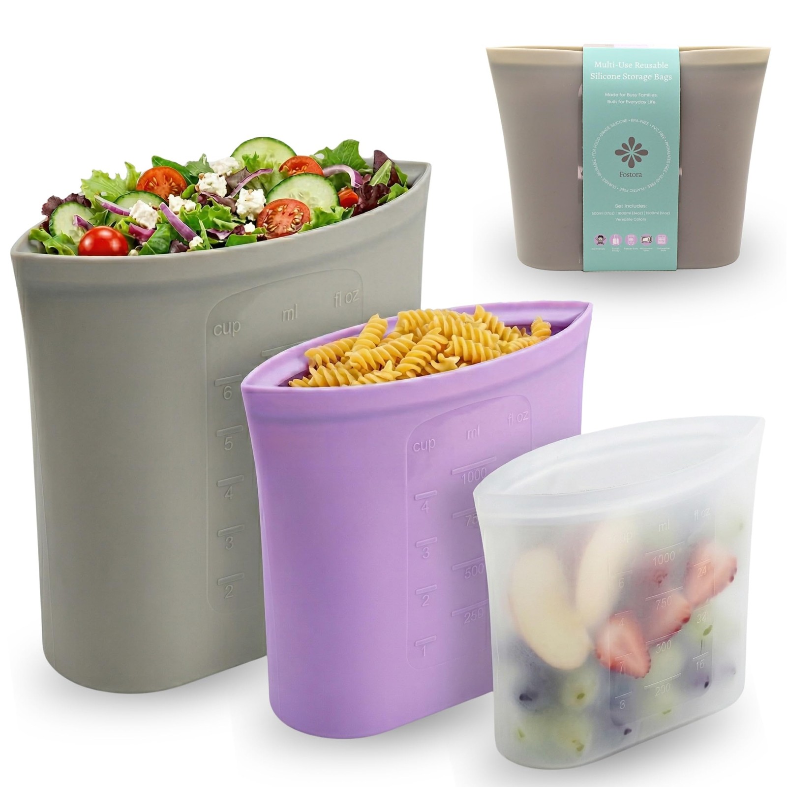 Reusable Silicone Storage Bags (Set of 3) – S, M, L; 100% Food-grade Silicone…
