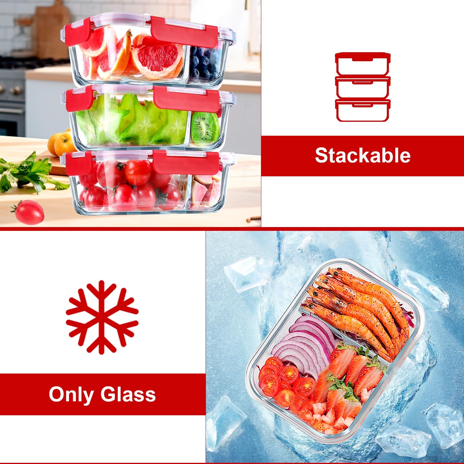 5 Pack Glass Meal Prep Containers 2 Compartment Set, 36OZ Airtight Glass Lunc…