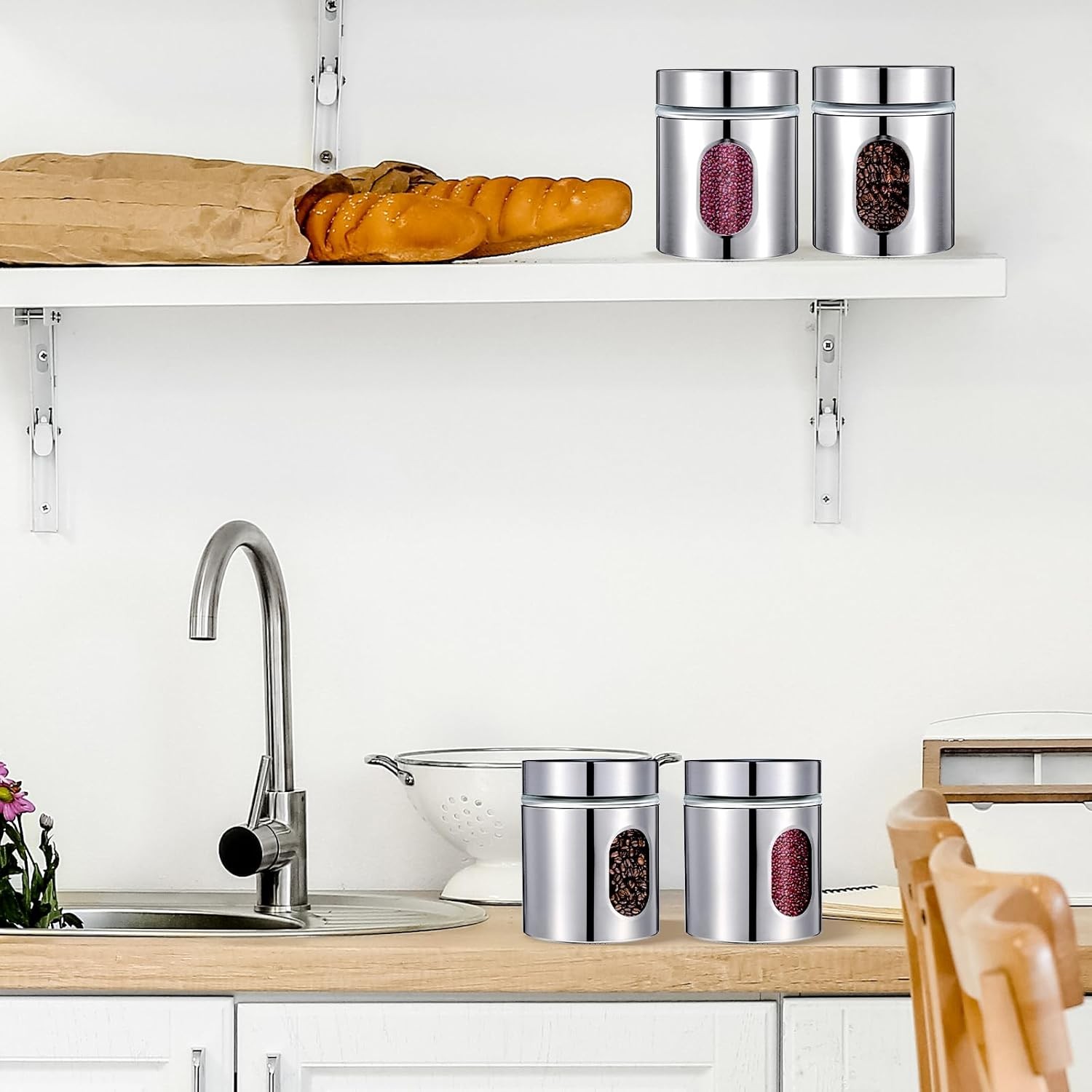 4 Pieces Kitchen Canisters Set 20 oz Stainless Steel Glass Canisters Airtight