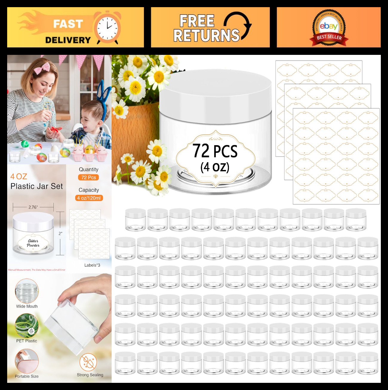 72 Pcs 4 OZ Clear Plastic Jars with Lids – Leak Proof Storage Containers for Sli