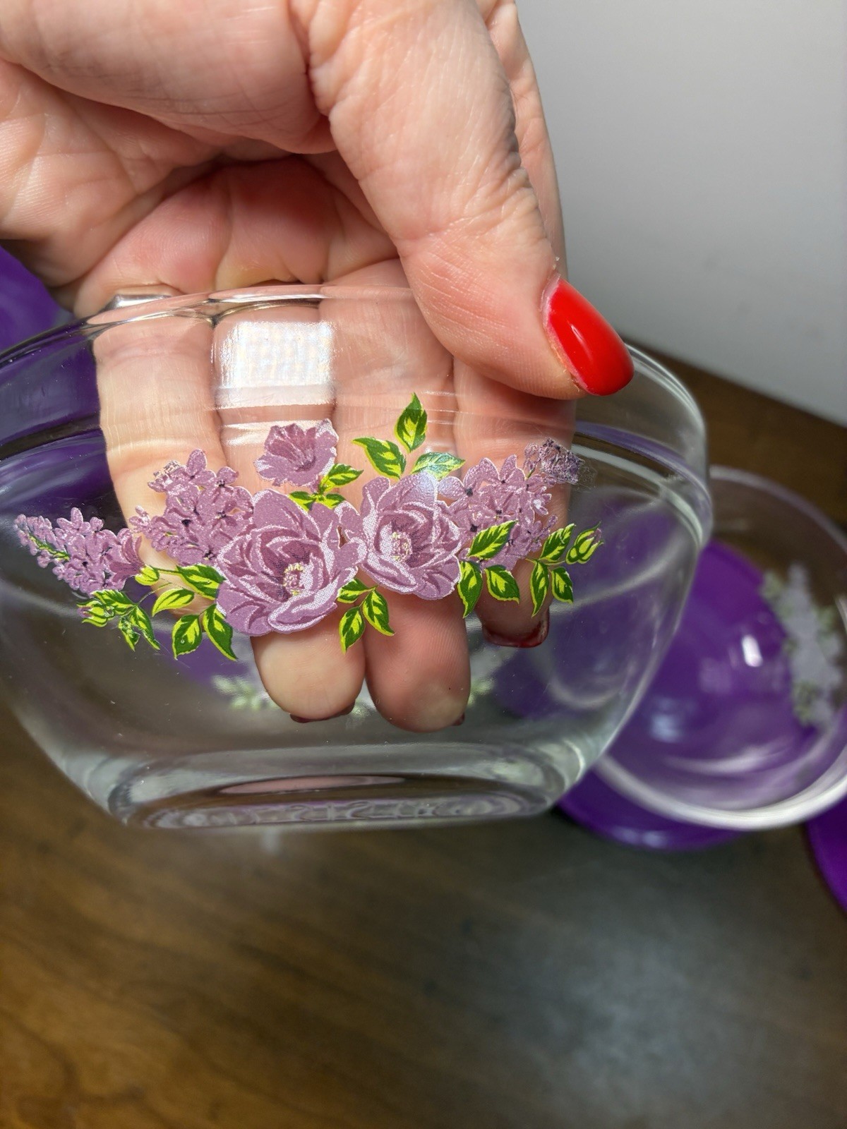 Vintage Durable Imperial 10p Nesting Glass Bowl Set w/ Purple Lids Floral Design
