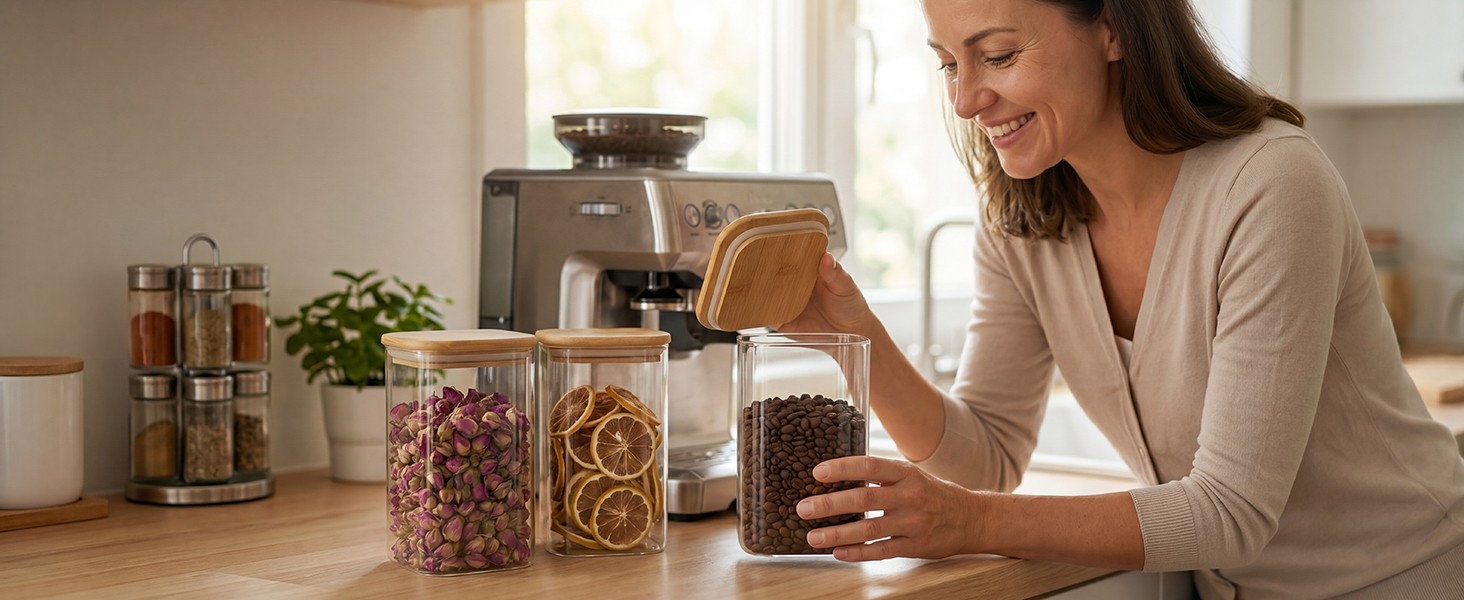 37 Oz Glass Storage Jars with Bamboo Lids – 6 Pack Clear Glass Canisters Square