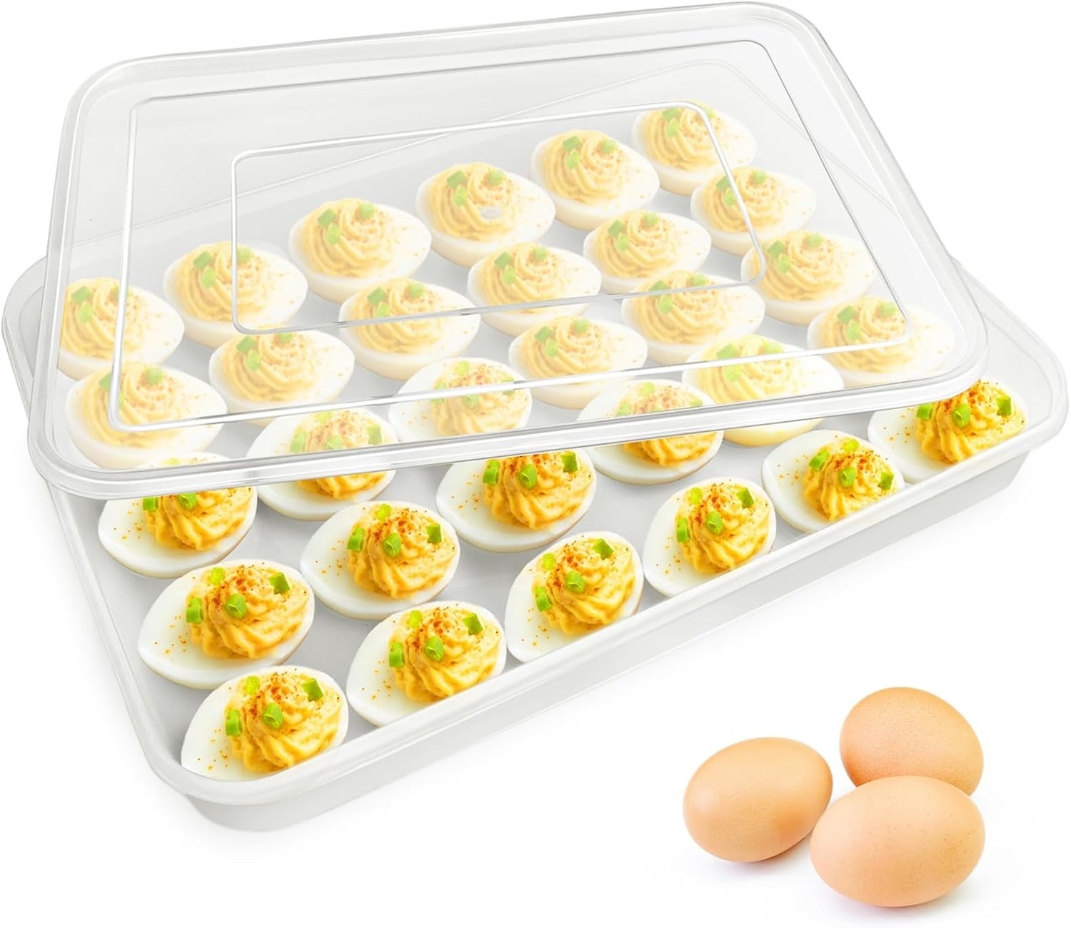 Covered Egg Holder for Refrigerator,30 Deviled Egg Tray with Lid,Plastic Egg Con