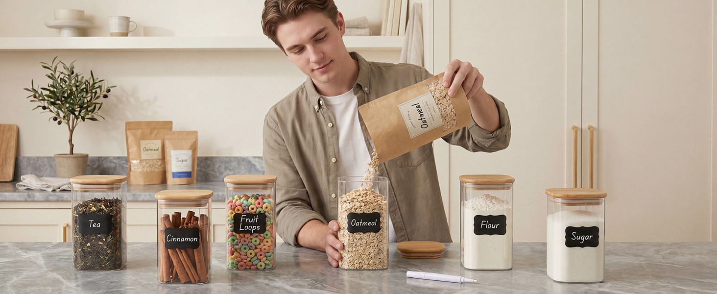37 Oz Glass Storage Jars with Bamboo Lids – 6 Pack Clear Glass Canisters Square