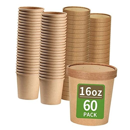 60 Pack 16 oz Paper Food Containers with Lids, Ice Cream Pint Containers,