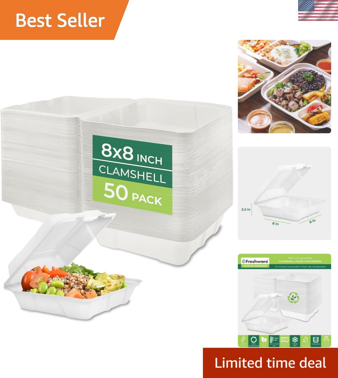 Compostable Clamshell Food Containers – 8×8″ 50-Pack, Biodegradable Sugarcane…