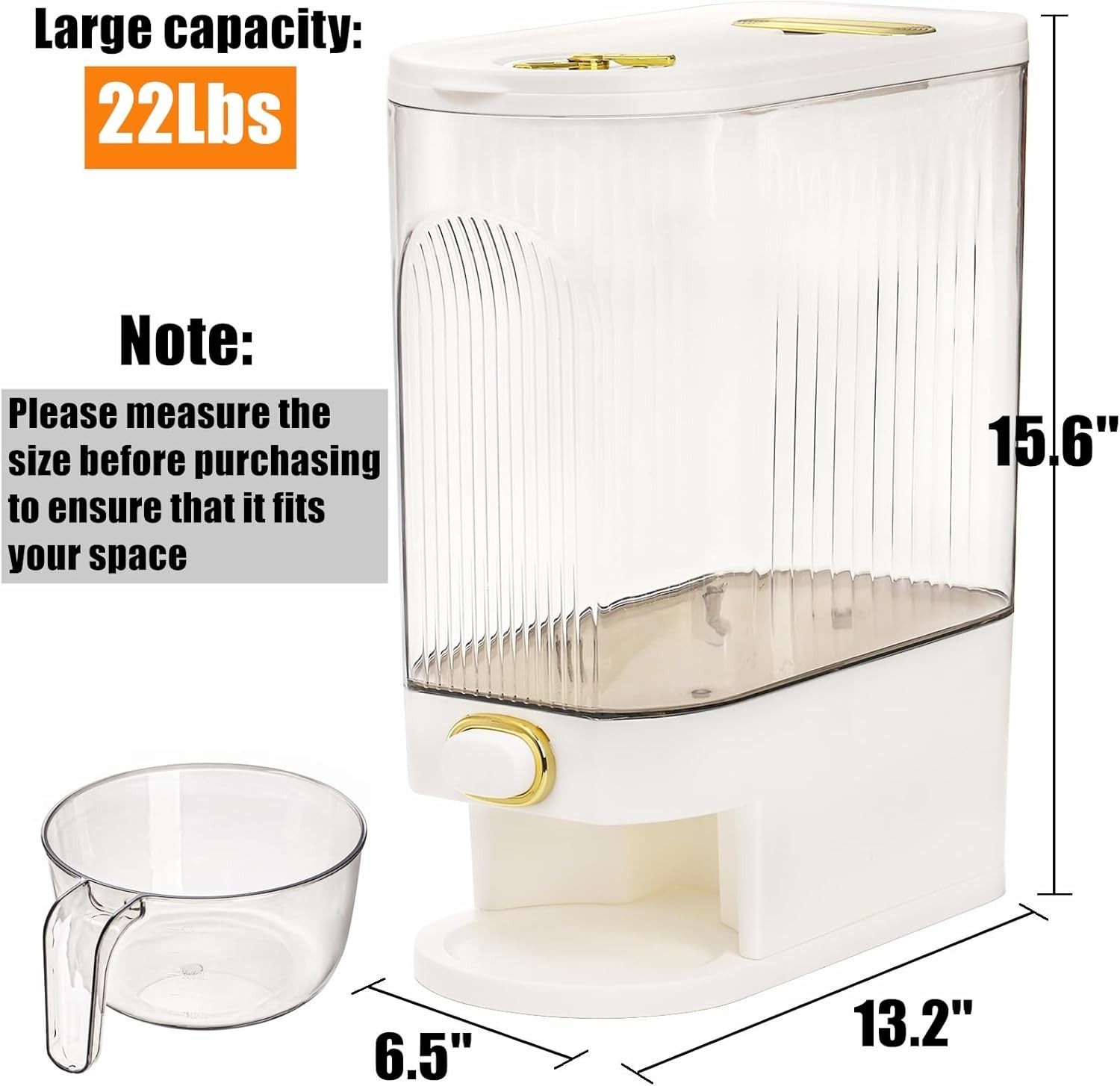 Clear Rice Holder Dispenser, 22 Lbs Large Grain Storage Container with Measuring