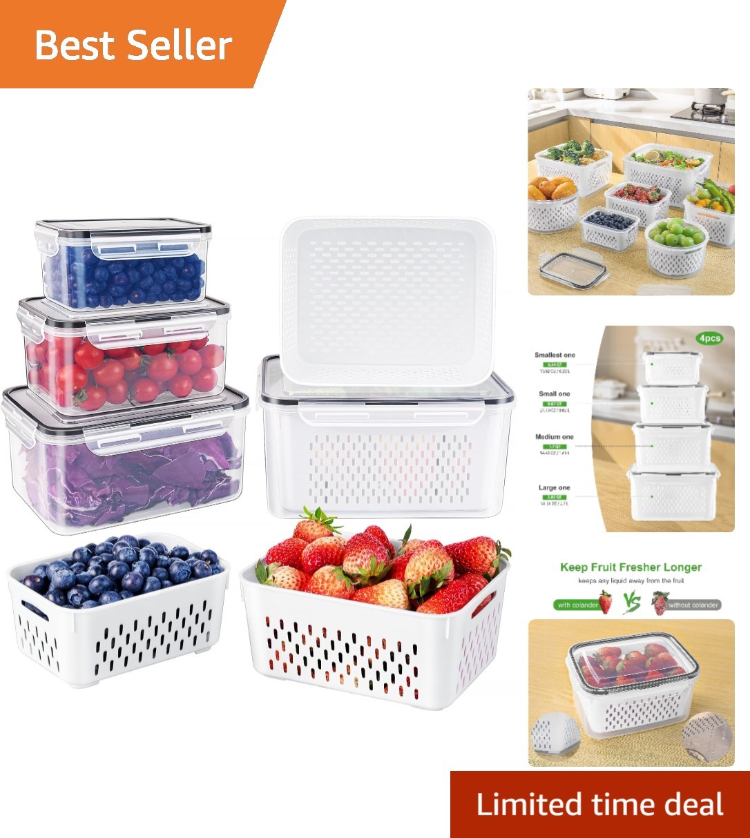 Versatile BPA-Free Fridge Storage Containers with Colander – 4 Small Sizes