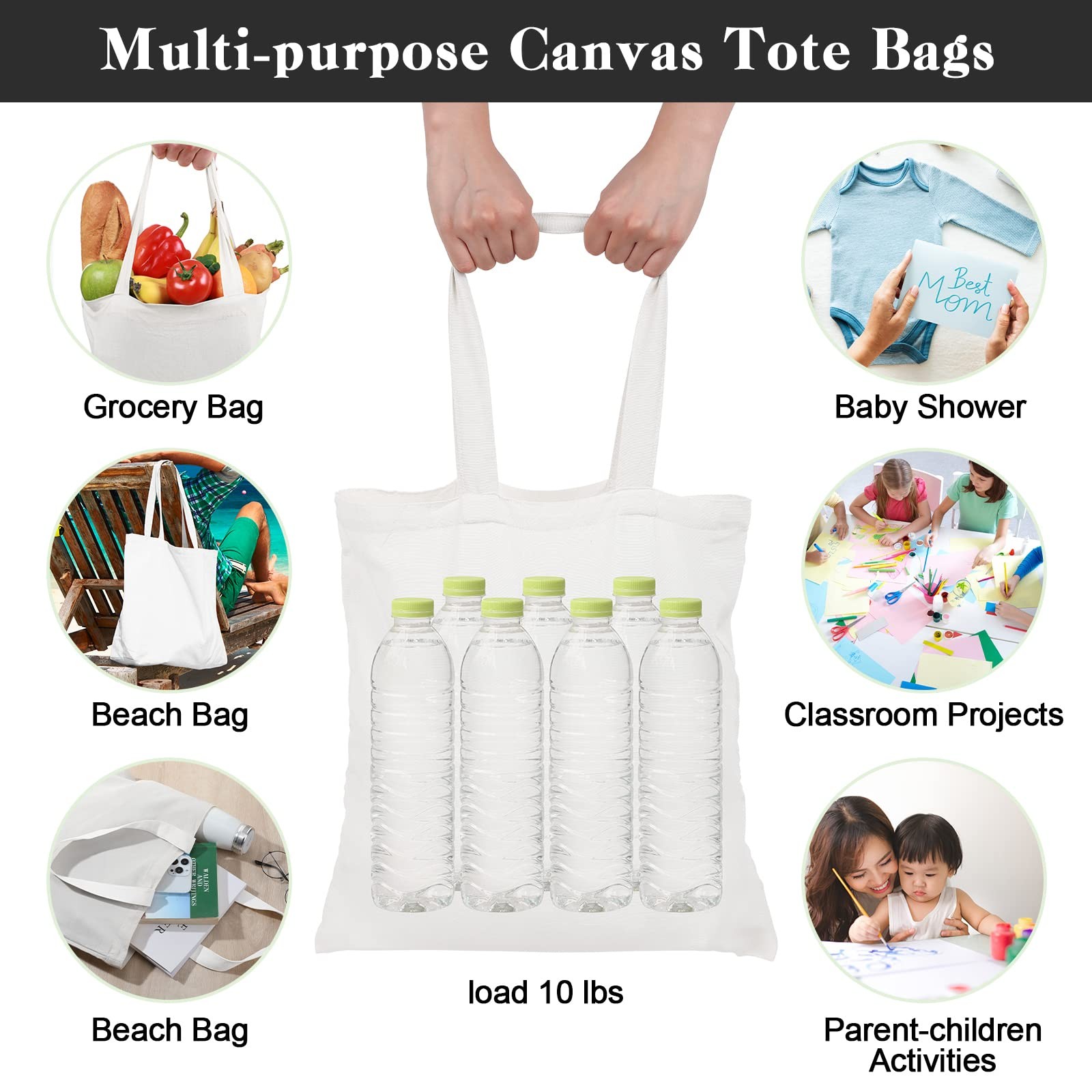 Roowest 60 Pack Canvas Tote Bags Bulk 16 X 15 Lightweight Medium Reusable
