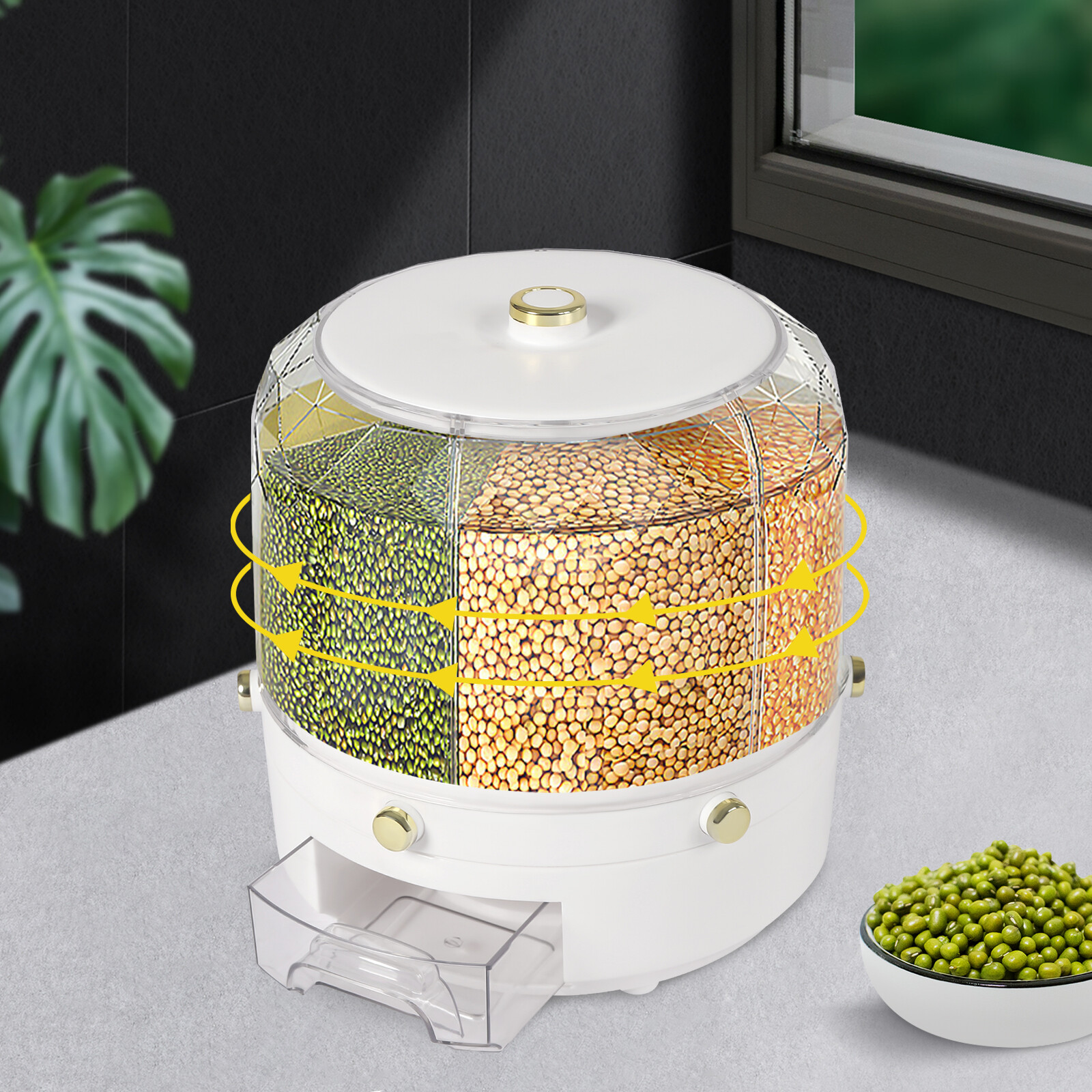 6 in 1 360?? Rotating Grain Cereal Dispenser Storage Box Kitchen Rice Container