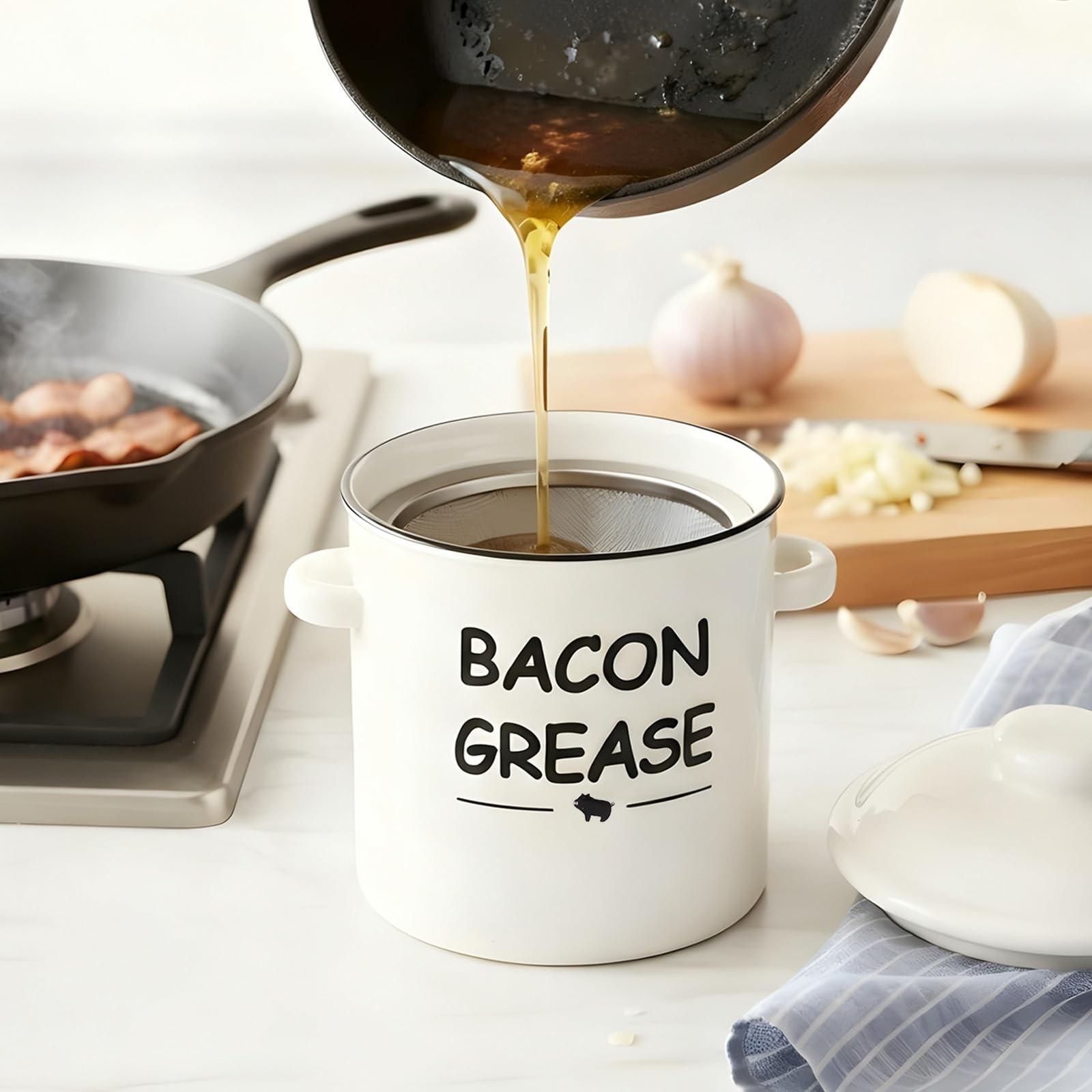 Bacon Grease Container Strainer Ceramic 600ml 20oz Farmhouse Storage Can Fat Dri