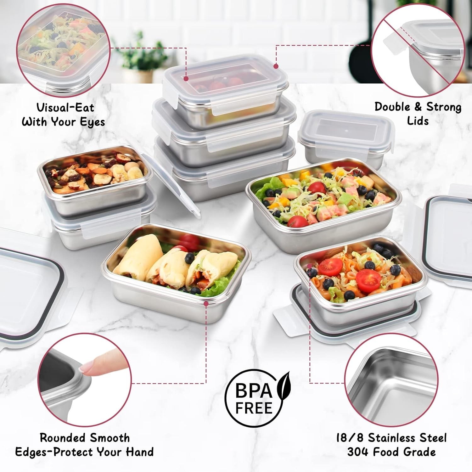 10 PC Square 304 Stainless Steel Food Containers W/ Lids Airtight Bento Lunch