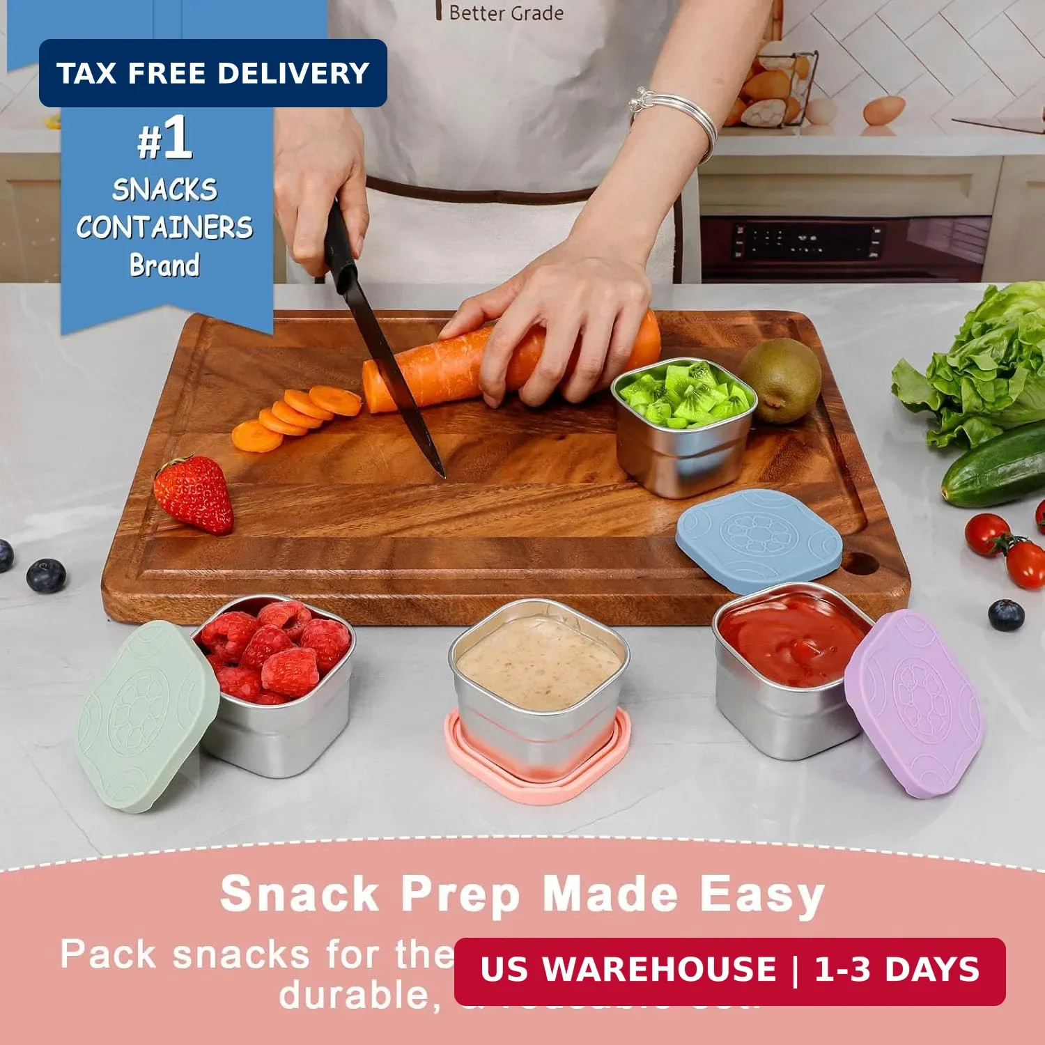 Stainless Steel Snack Containers Set of 4 Silicone Lids 4.7oz Leakproof BPA Free