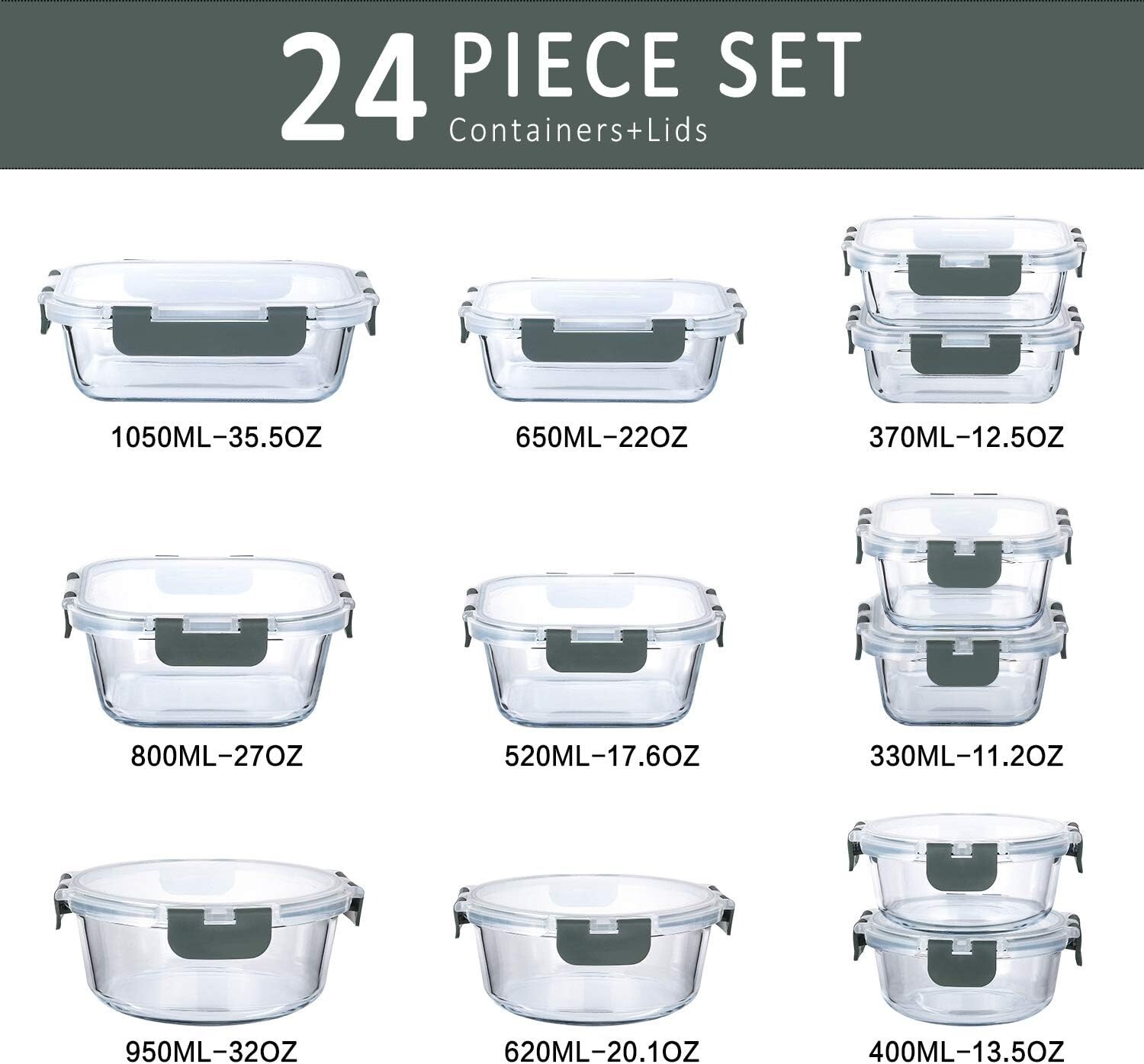 Airtight Glass Food Storage Containers – Microwave & Dishwasher Safe – 12 Pack