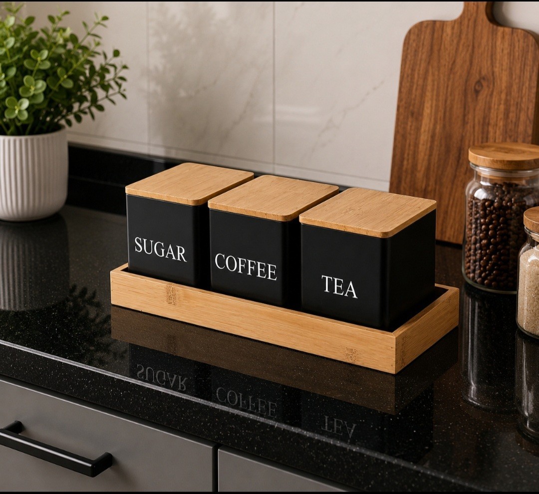 3Pcs/Set 500ml Black Metal Storage Containers with Bamboo Lids