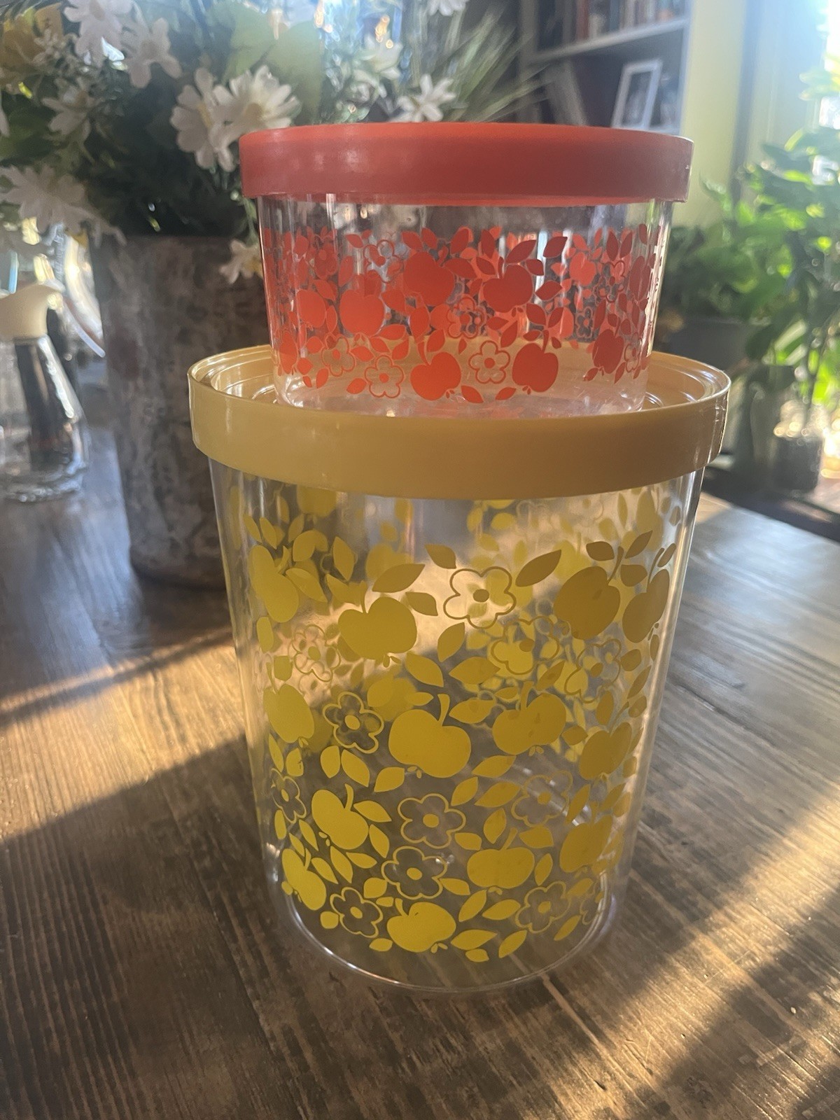 Floral Plastic Food Storage Containers Set, Snap Lids, Yellow Orange, 2 Round