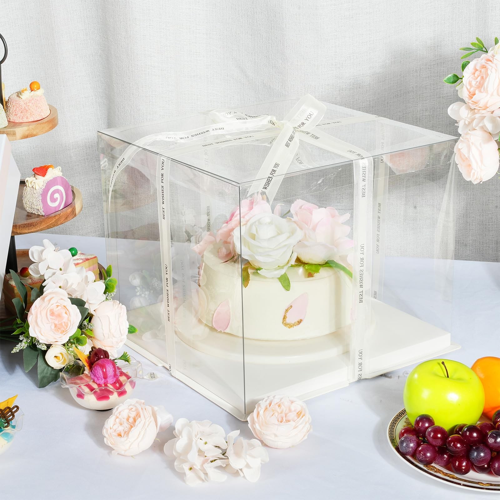 Maxdot 10 Pcs Transparent Tall Cake Boxes 12″ x x 10″ Large Clear Beige
