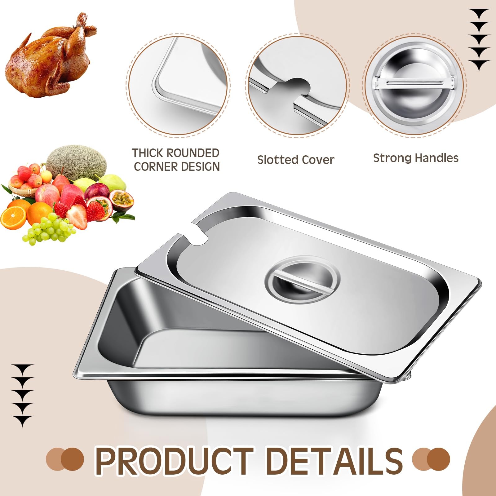 6 Pack 1/3 Steam Table Pan Covers Stainless Steel Hotel Pan Lid with Handle C…