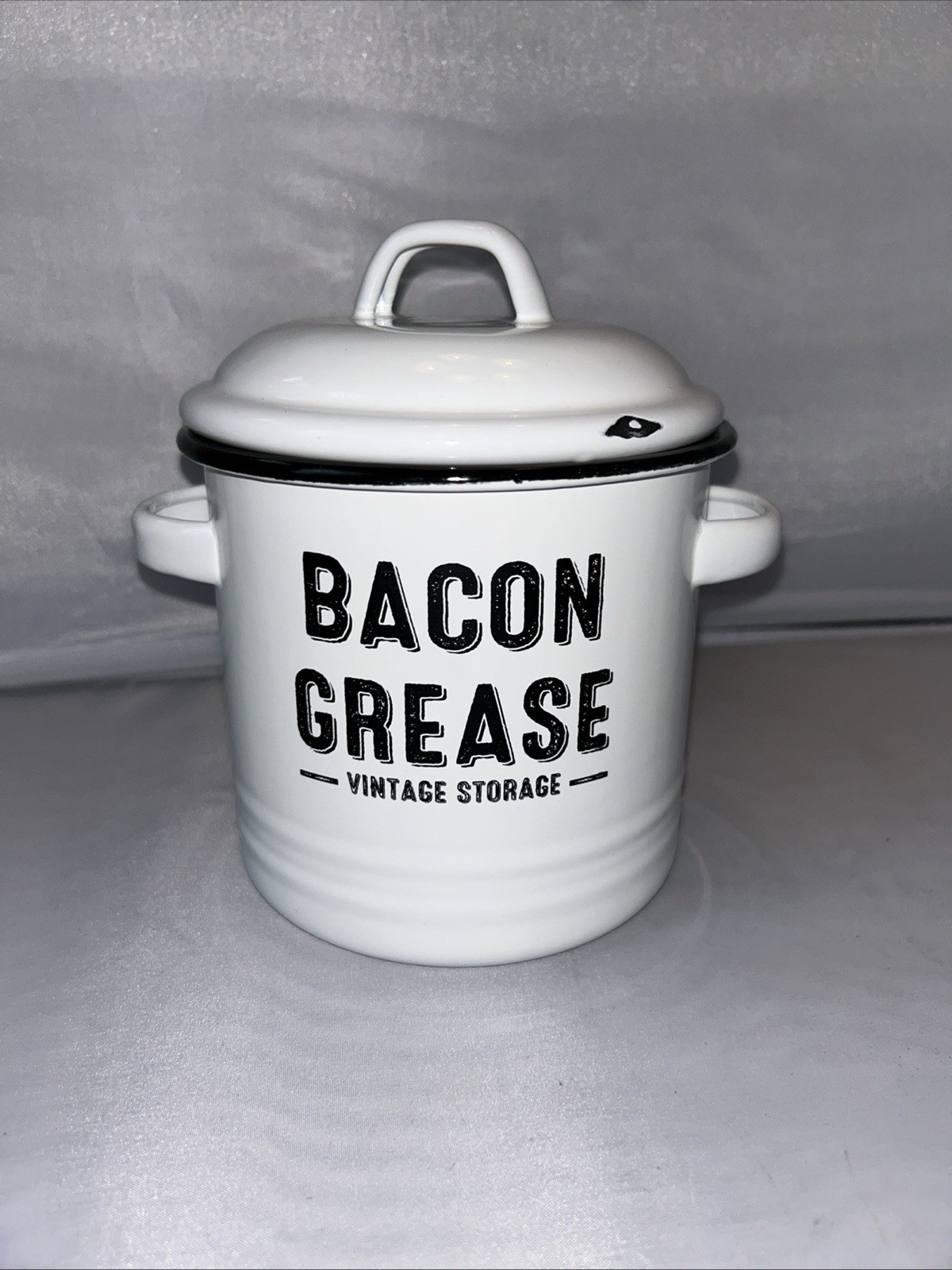 NEW White Black Trim Enamel Metal Bacon Grease Storage Jar Cylinder Lid Handles