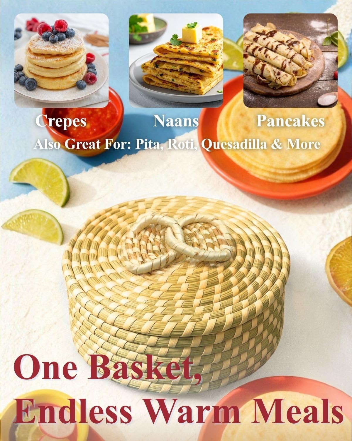 Handwoven Seagrass Tortilla Warmer Basket with Lid, 9.6″ Breathable Natural T…