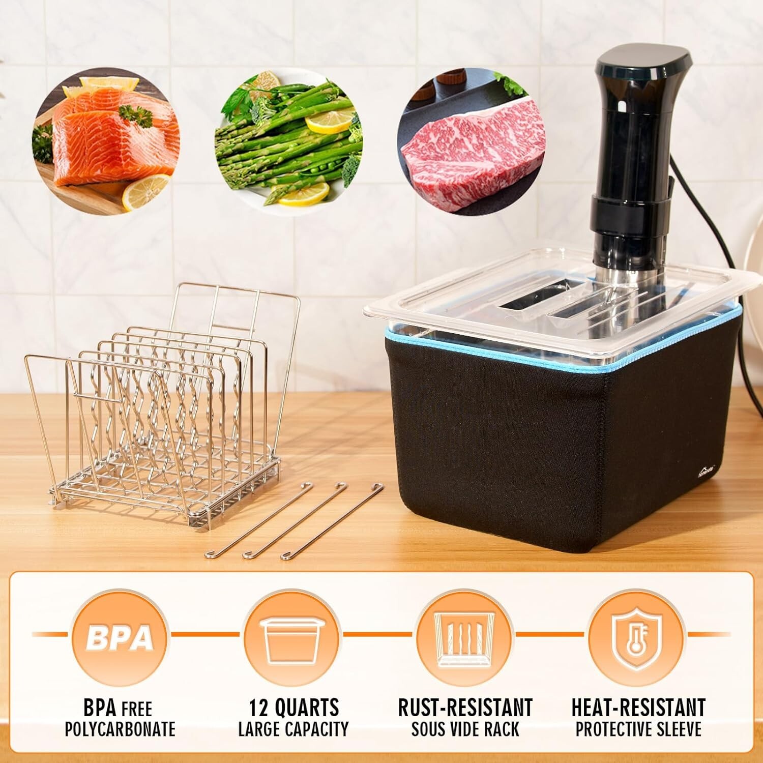 Container 12 Quart with Lid & Rack and Sleeve – BPA Free Complete Sous Vide A…