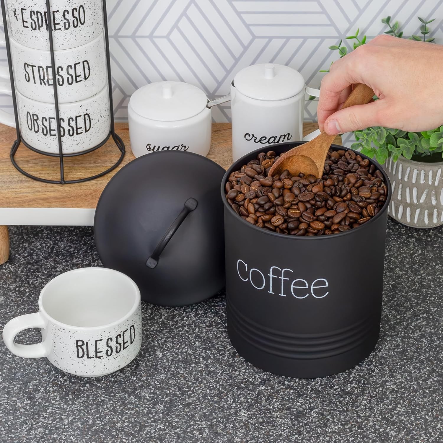 Enamelware Black Coffee Canister; Modern Farmhouse Style Coffee Storage for