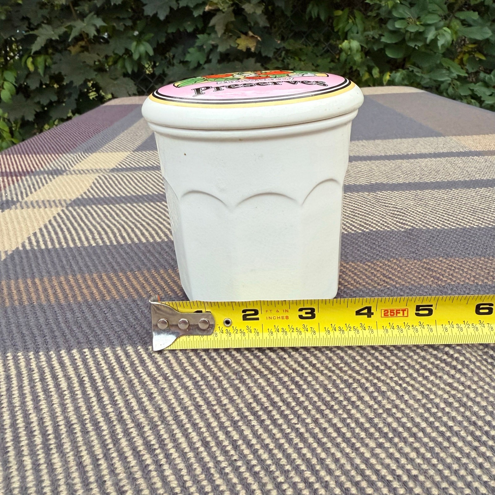 Vintage canister jar storage container with strawberry preserves design