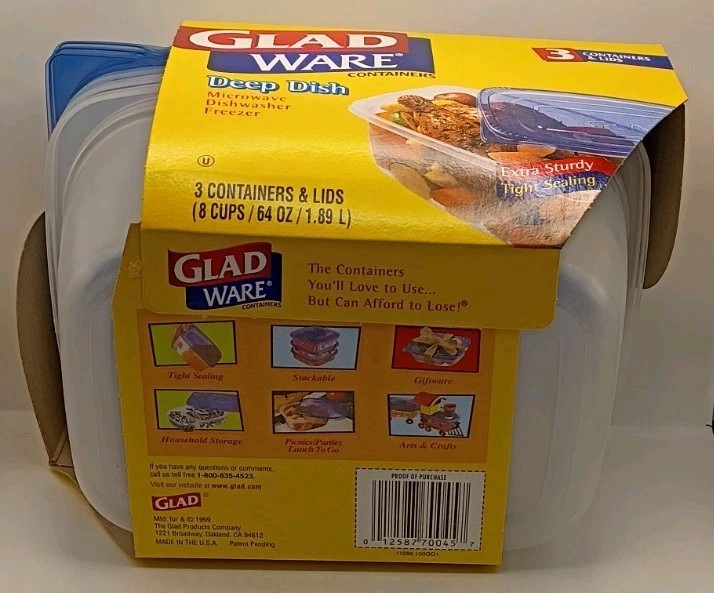 Vtg.1999 NOS GladWare Deep Dish Plastic Food Storage Containers 8 cup 3pc. Set