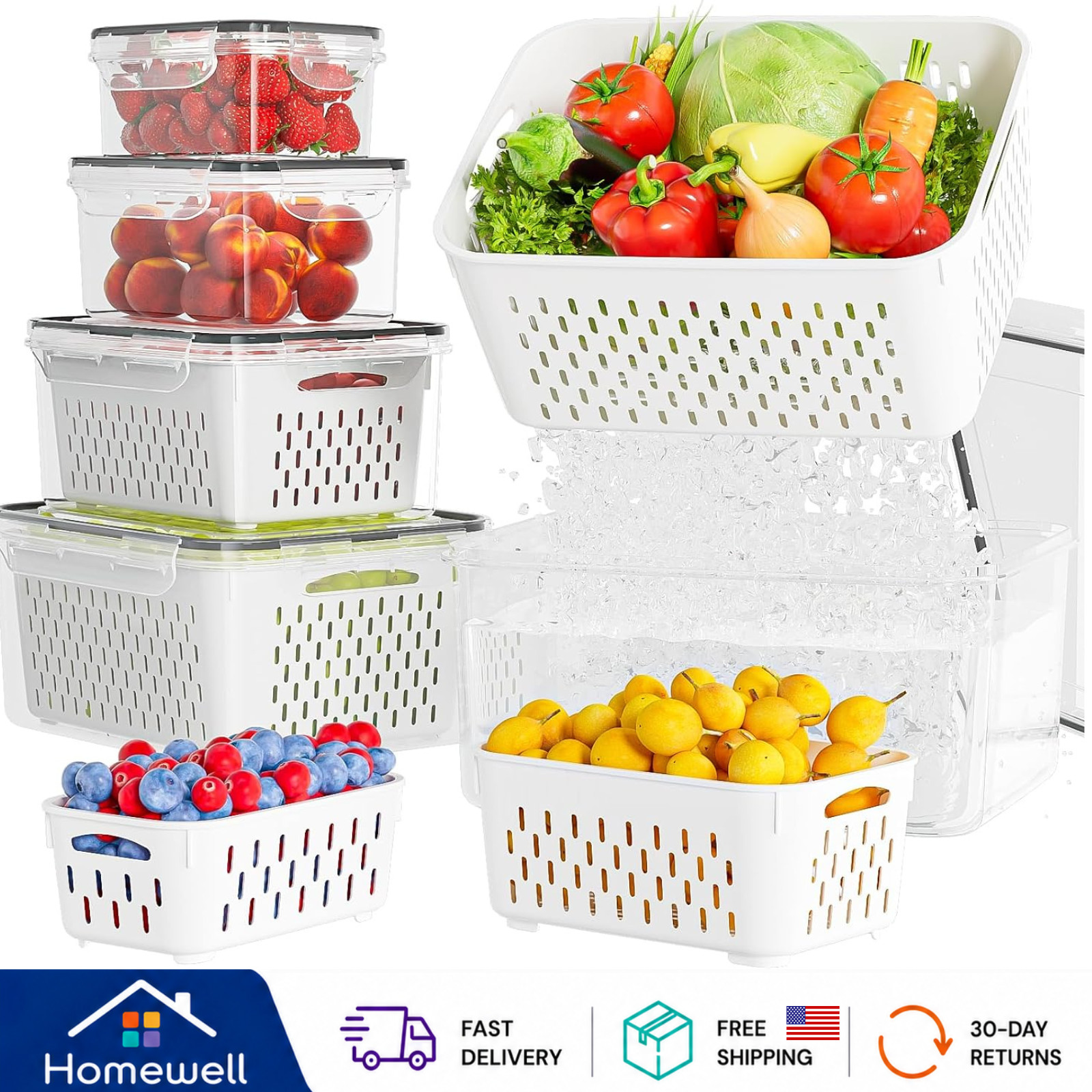 5 Pack Fruit Storage Containers for Fridge with Removable Colanders
